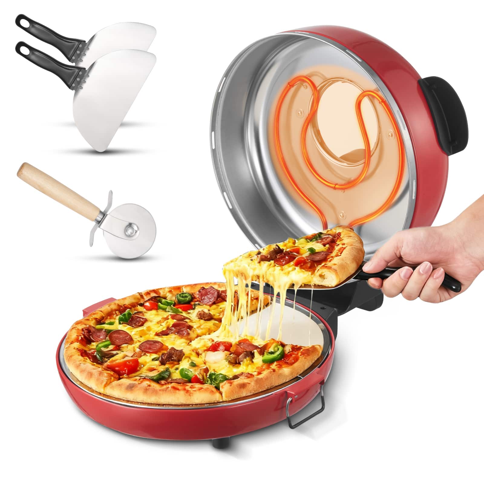 VEVOR - Pizza Oven, 14 in Electric Pizza Maker, 1600W Electric Pizzas Cooker with Cordierite Stone, 5-Mode Temperature Control - Red