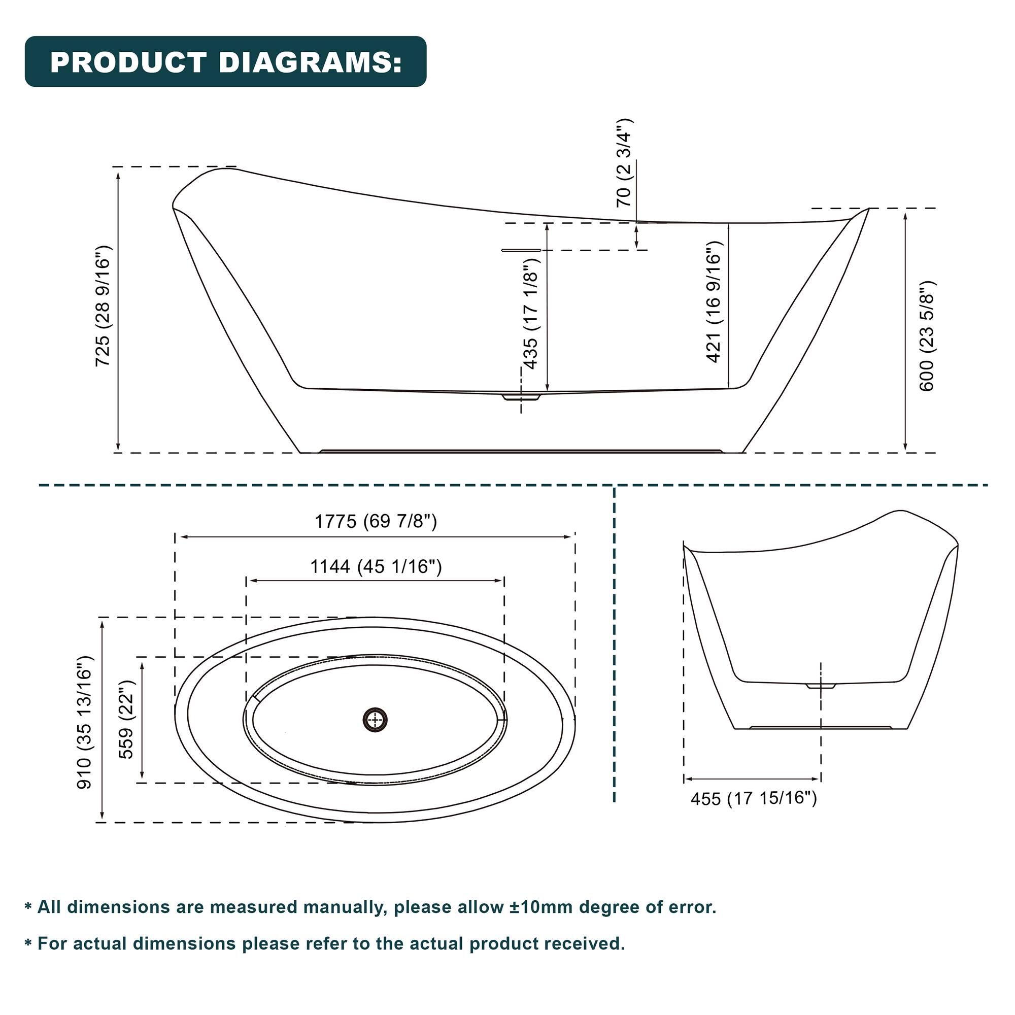 PRODUCT DIAGRAMS:  
- 725 (28 7/8")  
- 435 (17 1/8")  
- 421 (16 9/16")  
- 600 (23 5/8")  
- 1775 (69 7/8")  
- 1144 (45 1/16")  
- 35 (1 3/16")  
- 559 (22")  
- 455 (17 15/16")  

All dimensions are measured manually, please allow ±10mm degree of error.  
For actual dimensions please refer to the actual product received.
