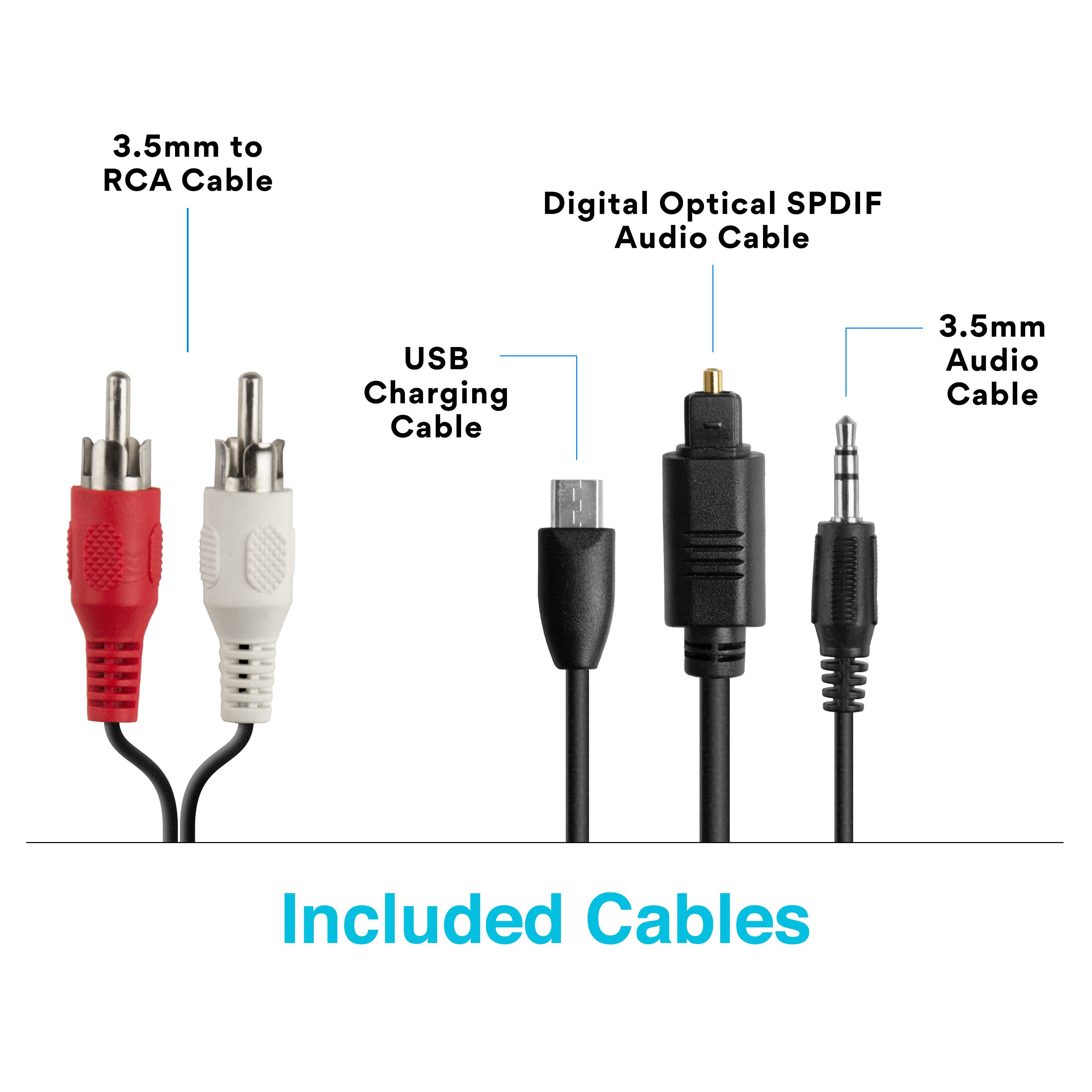 Included Cables: 3.5mm to RCA Cable, Digital Optical SPDIF Audio Cable, USB Charging Cable, and 3.5mm Audio Cable.