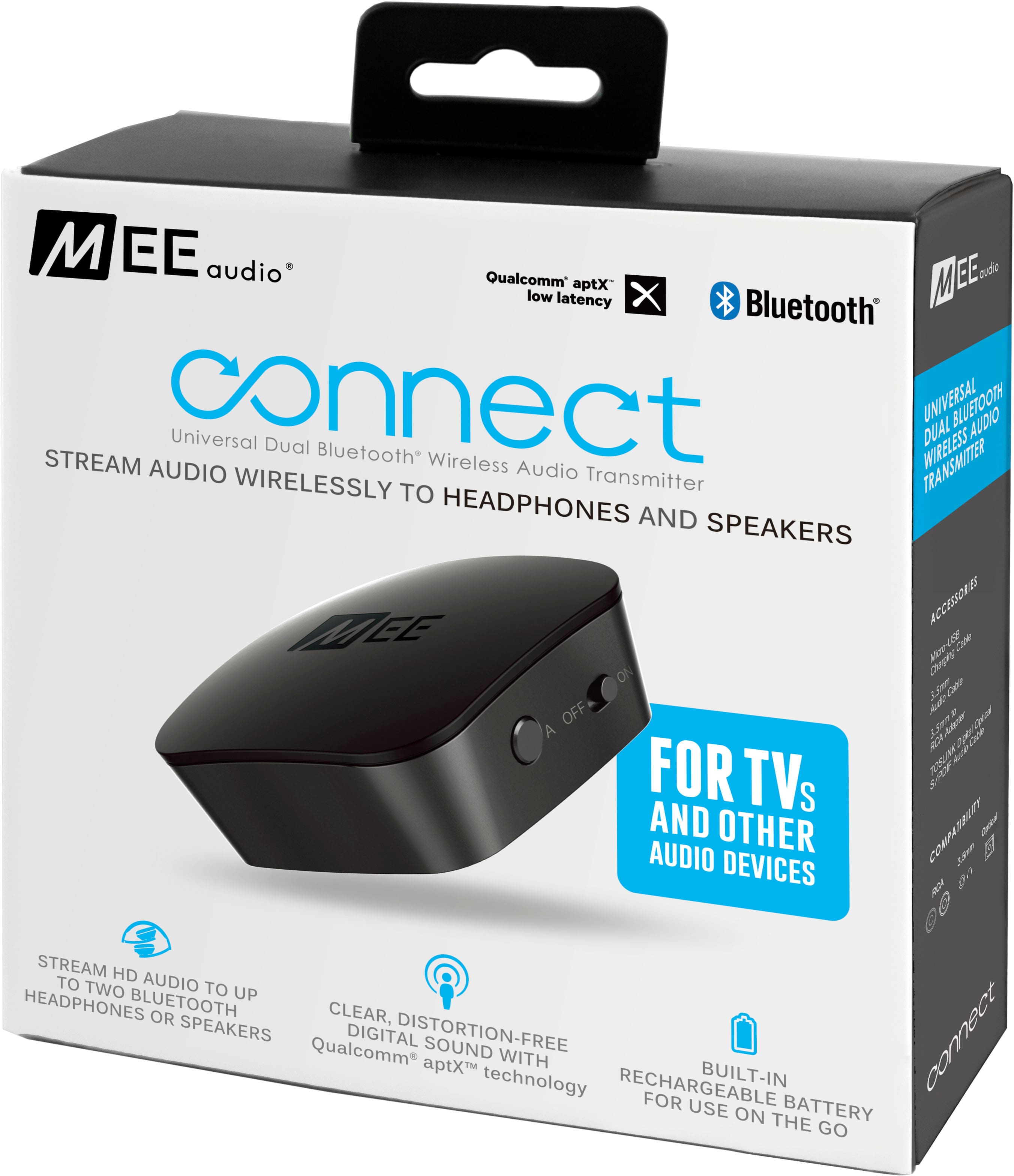 MEE Audio Connect Universal Bluetooth Audio Transmitter - Stream Wirelessly to Headphones and Speakers - For TVs and Other Audio Devices - Stream HD to Two Audio Devices - Built-in Qualcomm aptX Technology - Low Latency - Rechargeable for Use on the Go.