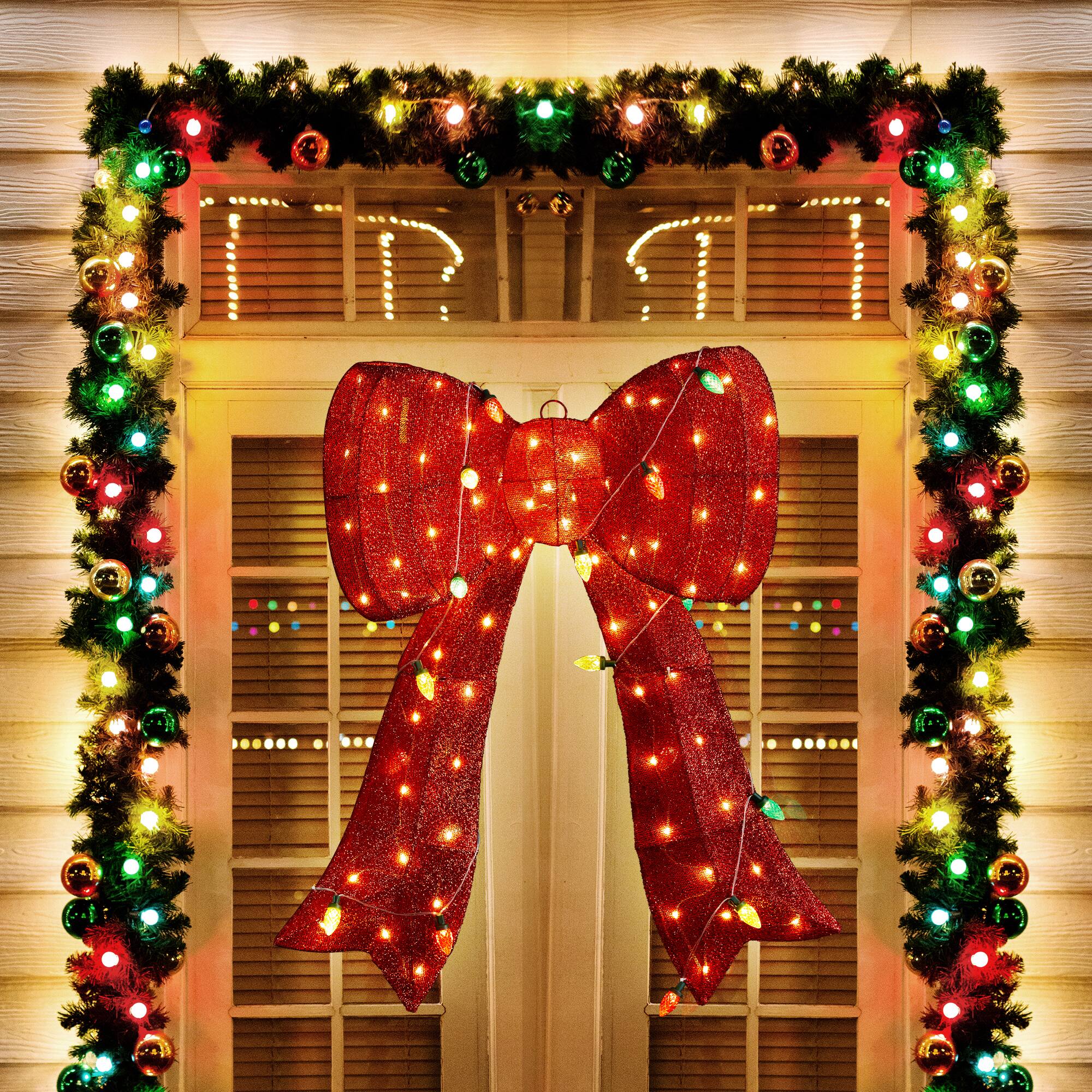 Alt View 5. Glitzhome - 35.75"H Lighted 3D Fabric Bow Outdoor Decor with 95 LED Lights - Red.