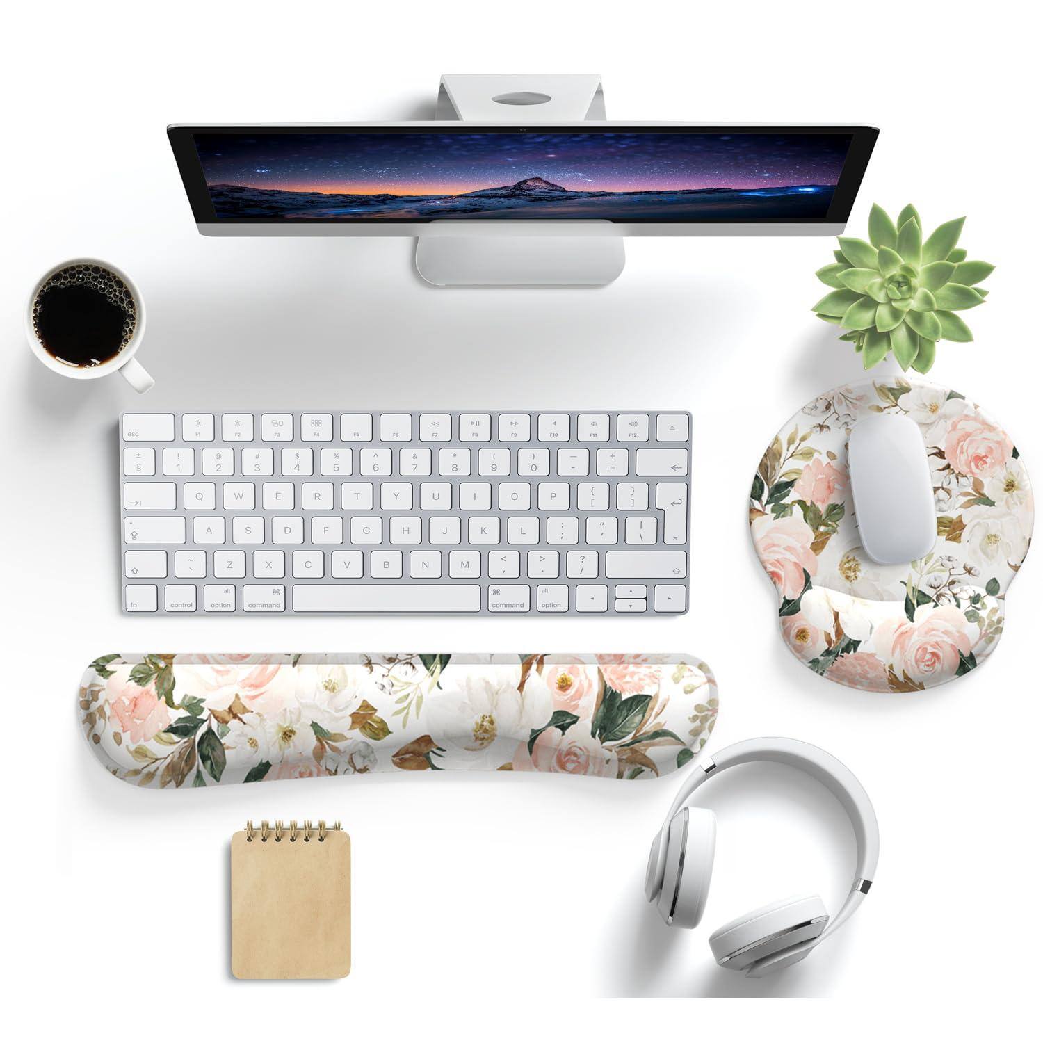 Left. Earthley Blooms - Pink Flower Desktop Mat Aesthetic Wrist Support Mouse Rest Set Computer Office Comfortable for Easy Typing & - Orchid Pink Flowers.