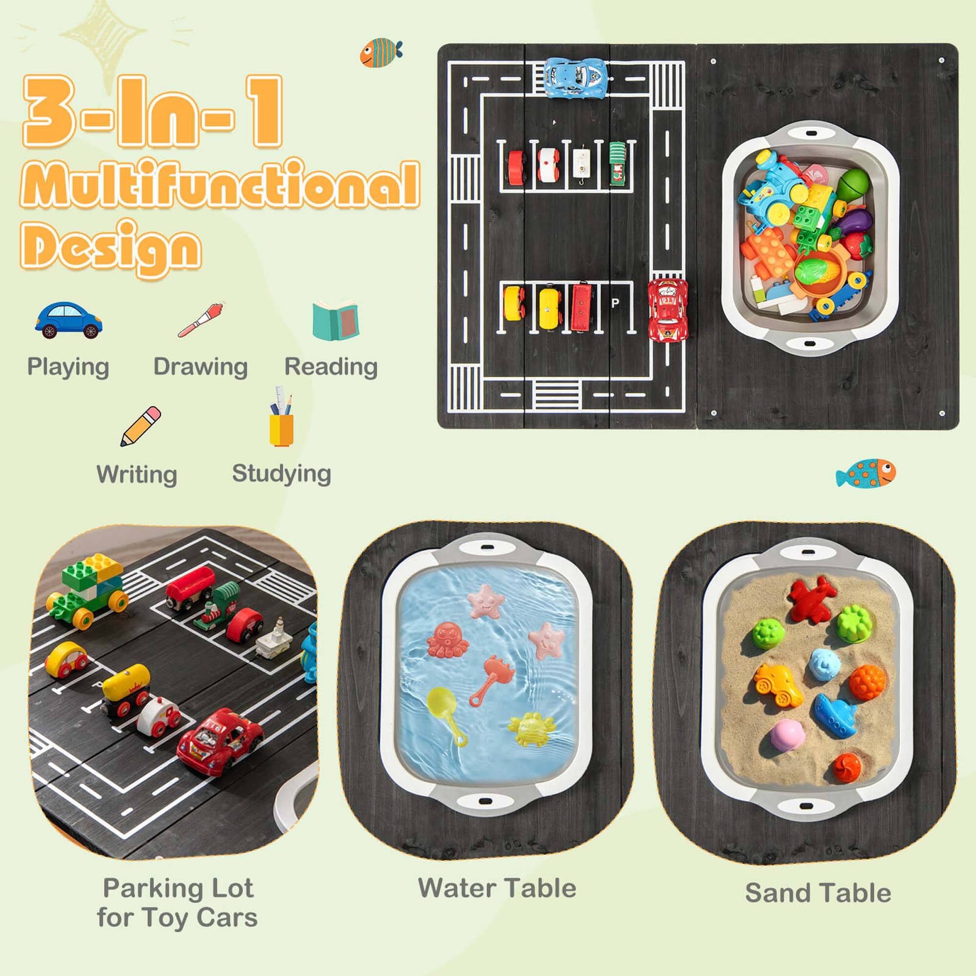 3-In-1 Multifunctional Design

Playing  
Drawing  
Reading  
Writing  
Studying  

Parking Lot for Toy Cars  
Water Table  
Sand Table