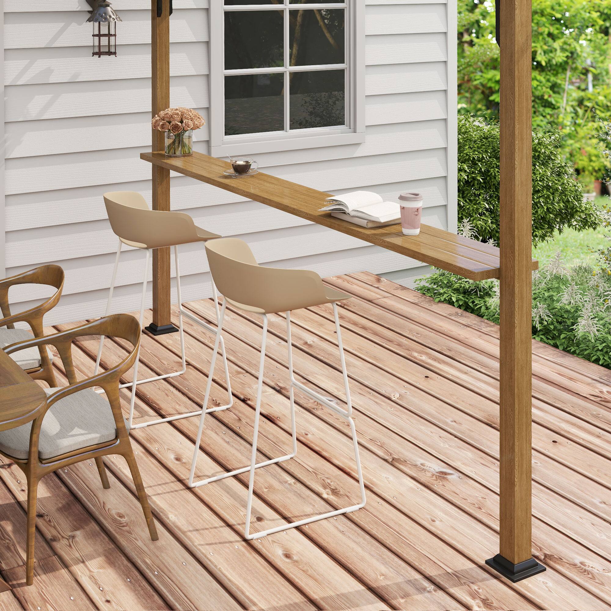 Alt View 5. Outsunny - 12' x 10' Outdoor Pergola, Pergola Canopy with Bar Counter, UV-resistant Arched Top, Aluminum and Steel Frame - Natural Wood.