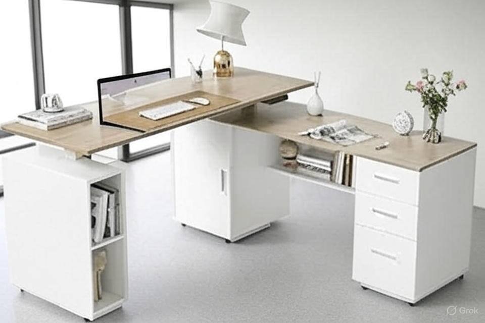Front. Zell Electronics - 63" L-Shaped Electric Standing Desk in Light Walnut with Cabinet, Drawers & Charging Ports - Light Walnut.