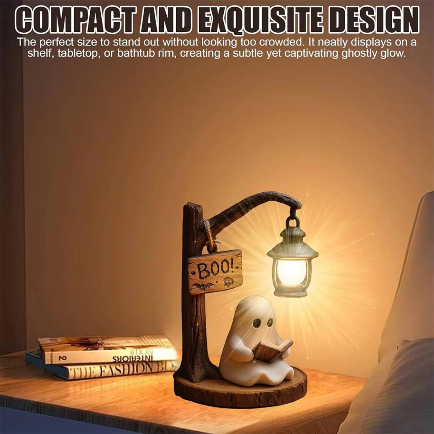 COMPACT AND EXQUISITE DESIGN  
The perfect size to stand out without looking too crowded. It neatly displays on a shelf, tabletop, or bathtub rim, creating a subtle yet captivating ghostly glow.

*BOO!*