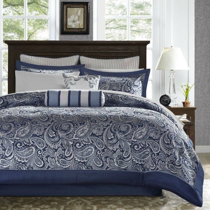 Hivvago - California King 12-piece Reversible Microfiber Comforter Set Navy Blue White - Navy Blue, White