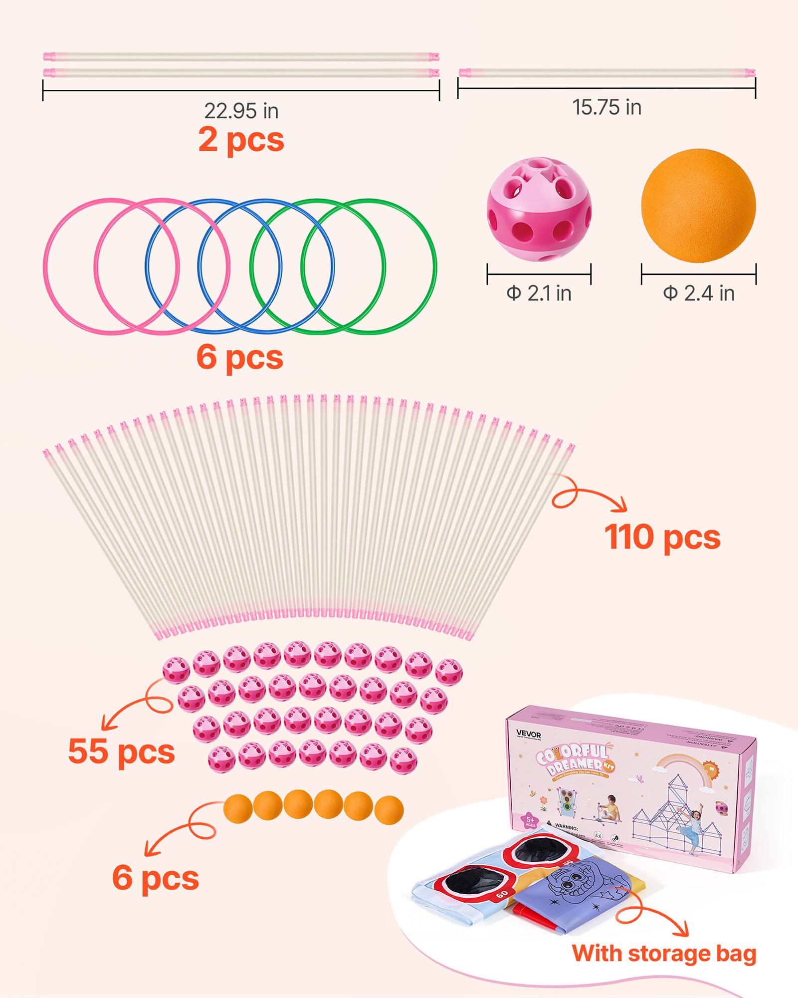 22.95 in 2 pcs  
15.75 in  
2.1 in  
2.4 in  
6 pcs  
110 pcs  
55 pcs  
6 pcs  
VEVOR CO ORFUL DREAMER  
1/4 ands  
-  
60  
With storage bag
