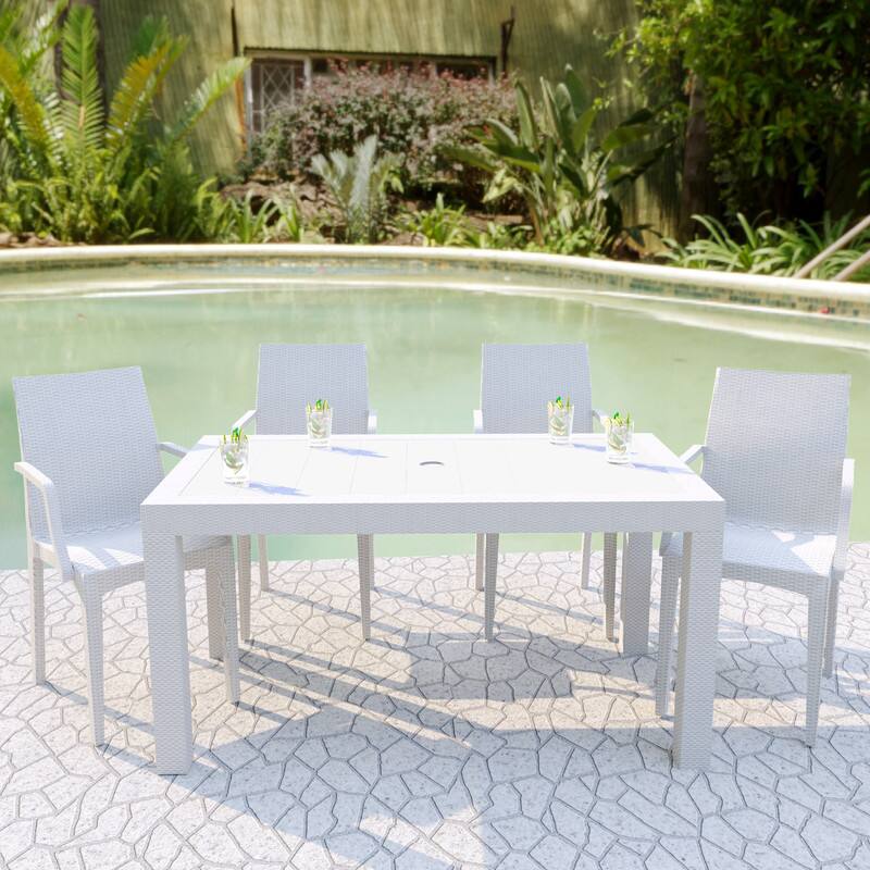 Left. LeisureMod - Mace Weave Design 55Inch Outdoor Dining Table, Weather-Resistant Patio Accent Table, Modern Backyard Furniture - White.