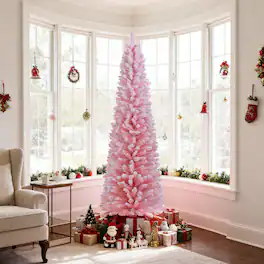 Gymax - 6 FT Artificial Christmas Tree Slim Pencil Xmas Tree w/ 328 Snow Flocked Branch Tips - Pink
