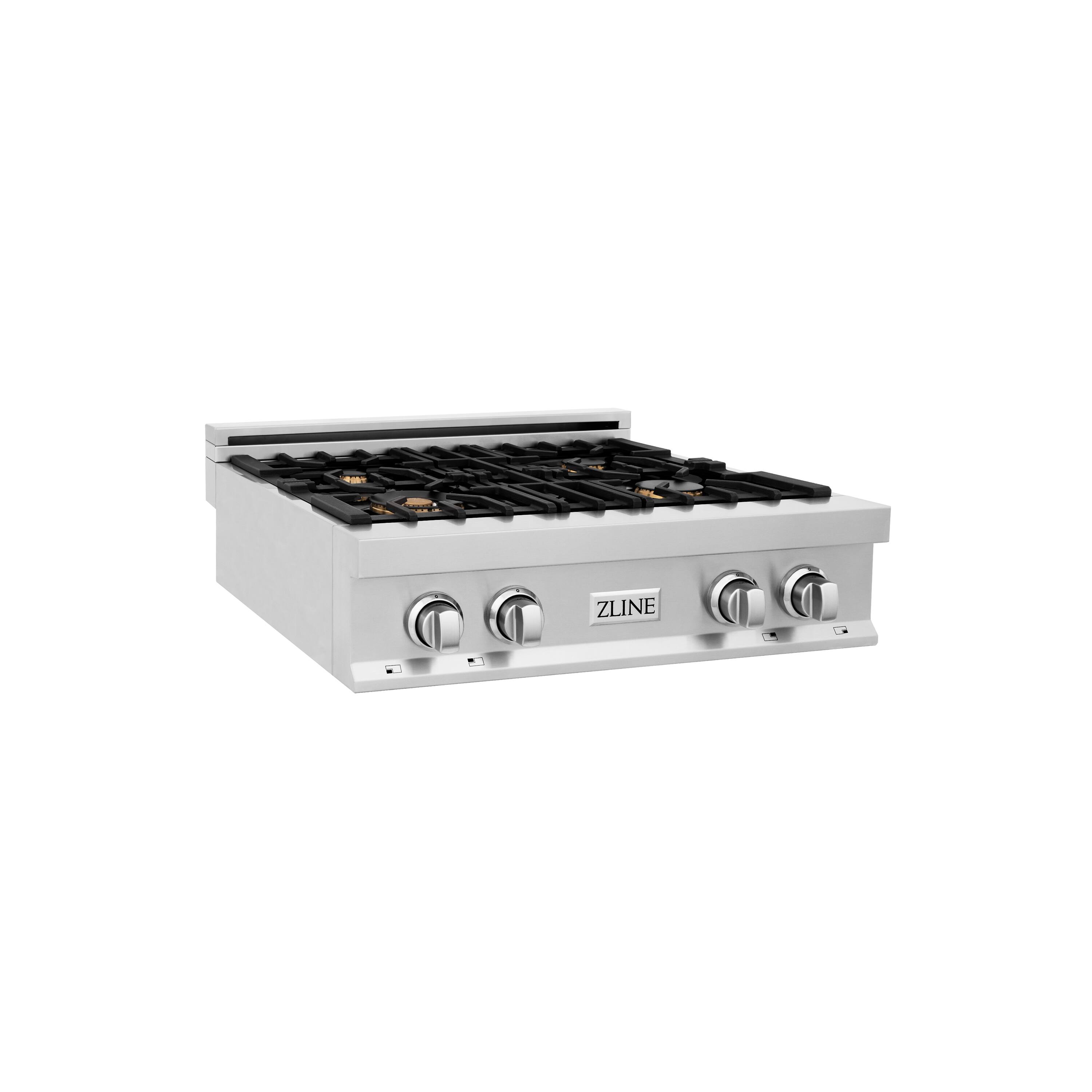 Left. ZLINE - ZLINE 30 in. Legacy Rangetop w/ 4 Brass Burners and Porcelain Cooktop in Stainless Steel - Stainless Steel.