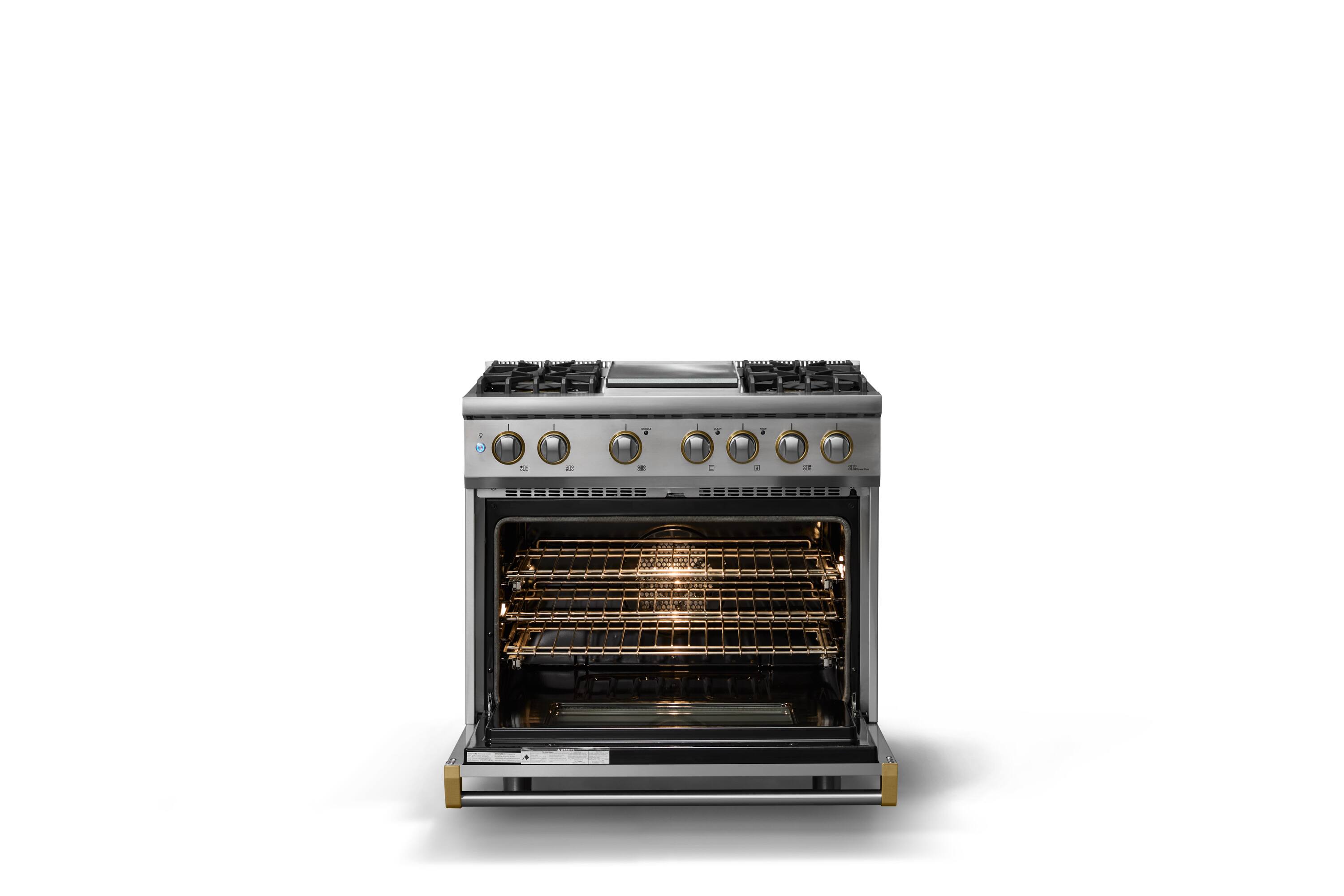 Alt View 2. Viking - 36"W. Pro5S 5.6 Cu. Ft. Freestanding Self-Clean Sealed 4B Dual Fuel Convection Range/Grdl-Stainless Steel/Brushed Brass - Stainless Steel.