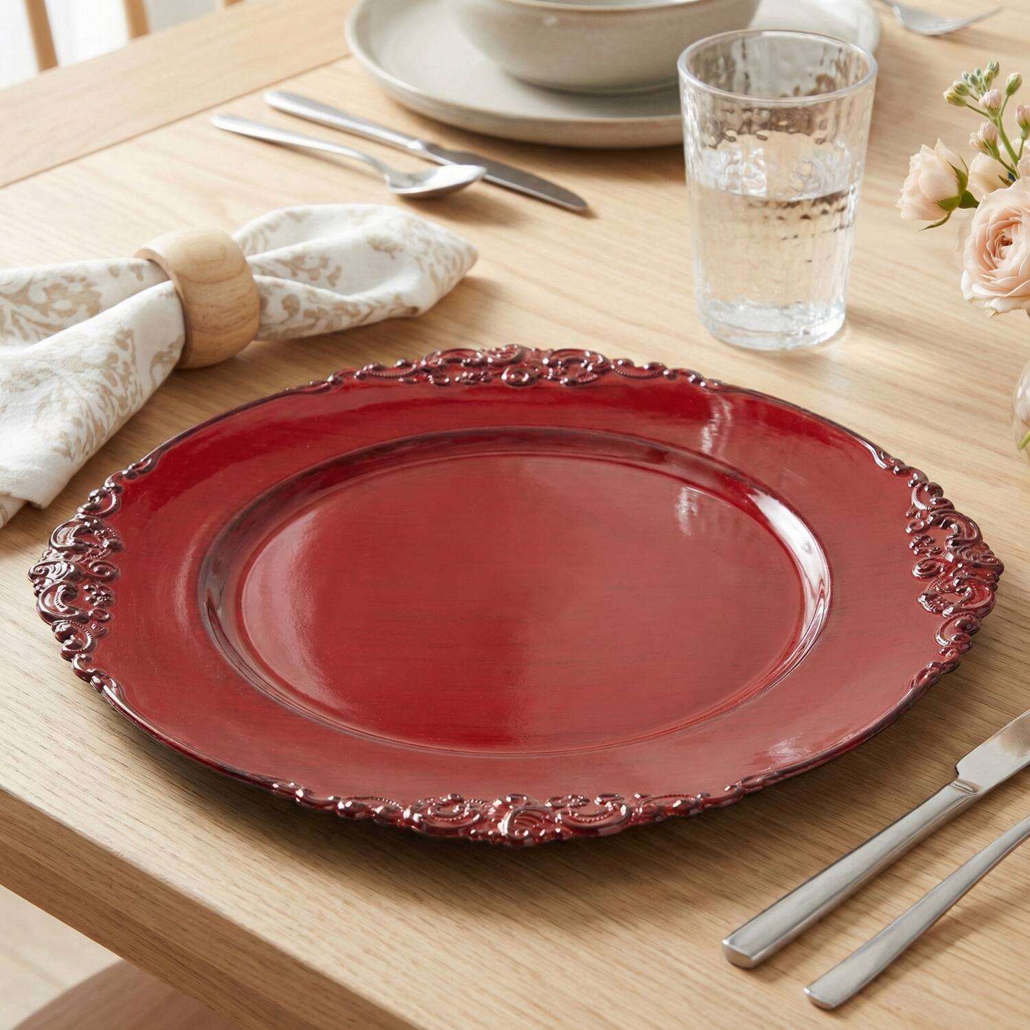 Left. American Atelier - Royal Red Charger Plate Set 13"D, 24 Pieces - Red.