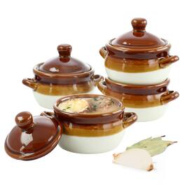 Elama - 4 Piece Double Handle 15 Ounce French Onion Soup Bowl with Lid - Brown, Taupe