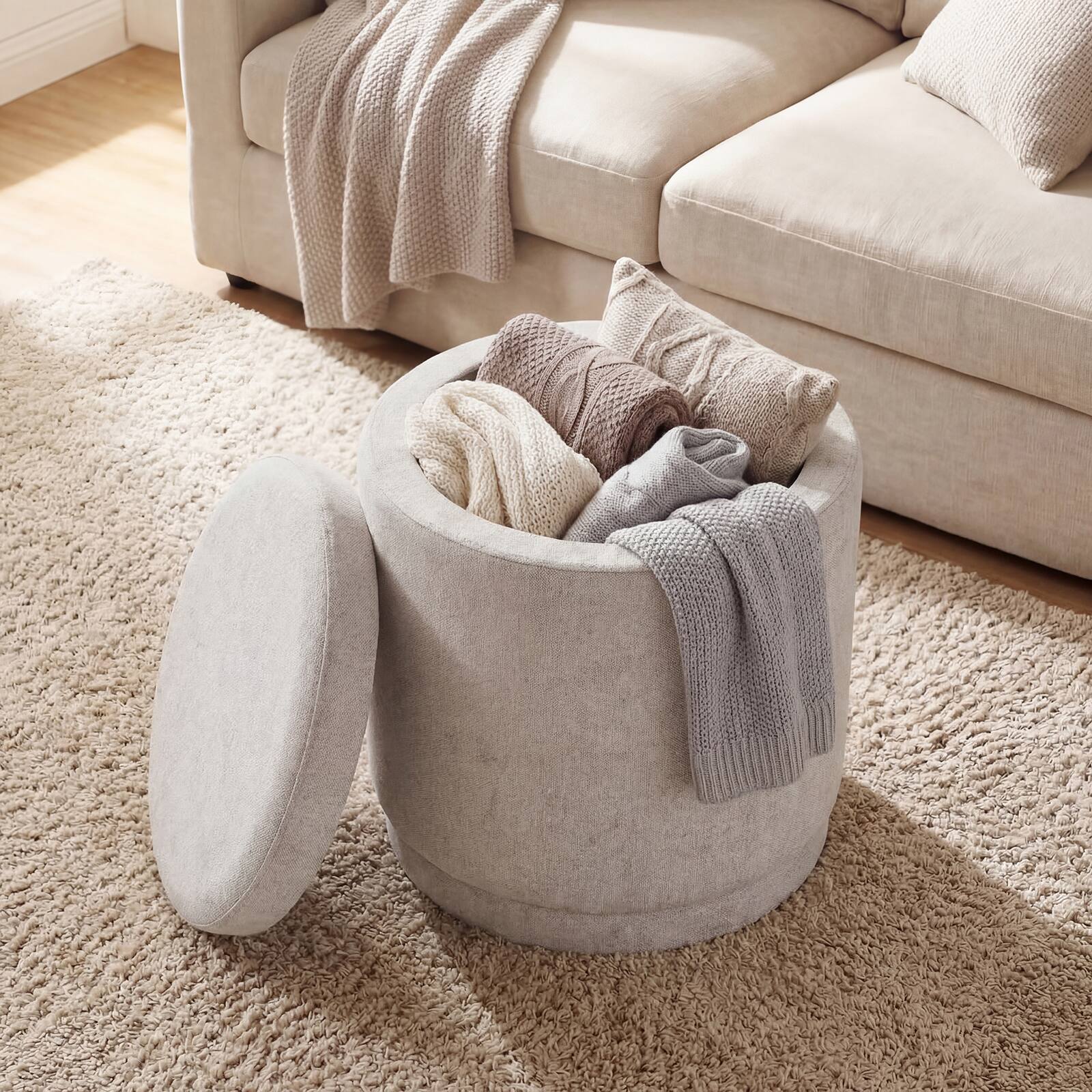 Alt View 3. Costway - Costway Round Storage Ottoman Foot Rest with Removable Lid 400 LBS Weight Capacity for Home - Beige.