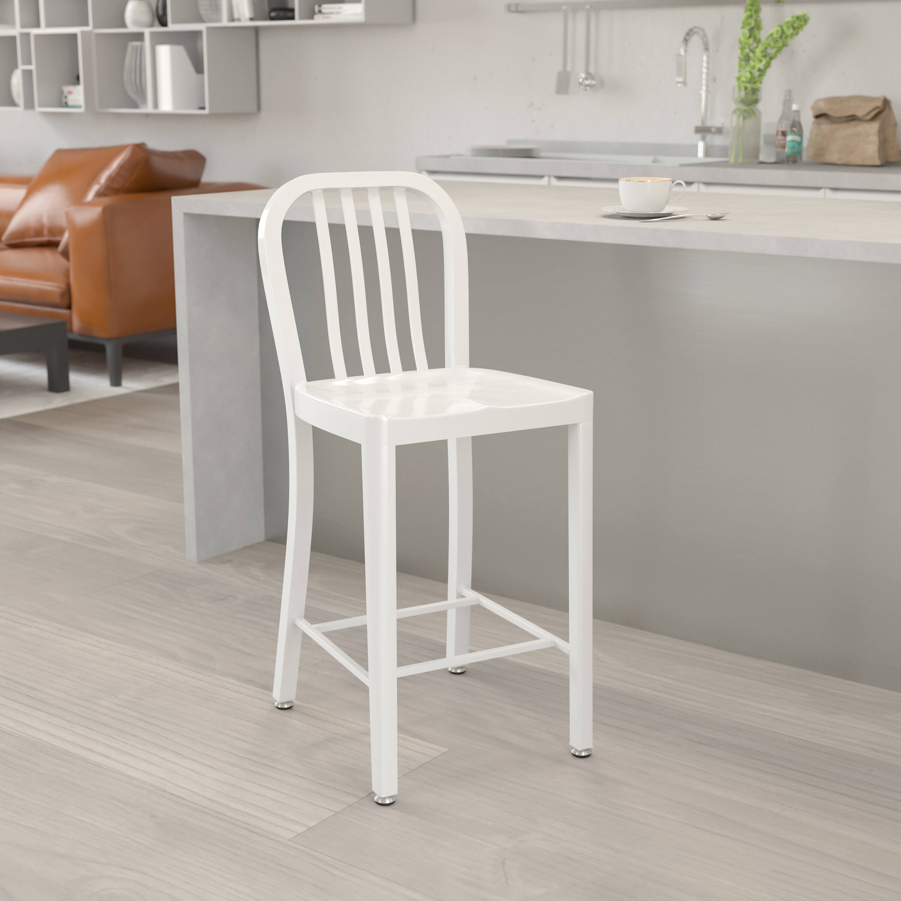 Angle. Flash Furniture - Gael Commercial Grade 24" High White Metal Indoor-Outdoor Counter Height Stool with Vertical Slat Back - White.