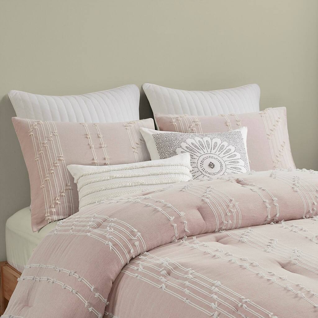 Alt View 1. Gracie Mills - Gracie Mills Trujillo 3-Piece Embroidered Stripes Cotton Jacquard Comforter Set - Blush.