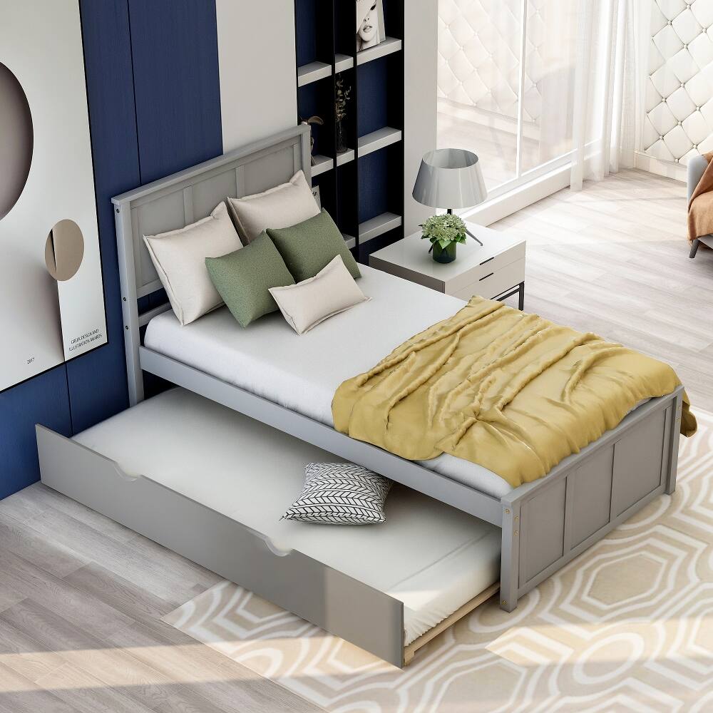 Angle. Loheer - Loheer Twin Platform Bed with Trundle Solid Wood Gray Space Saving Bed - Gray.