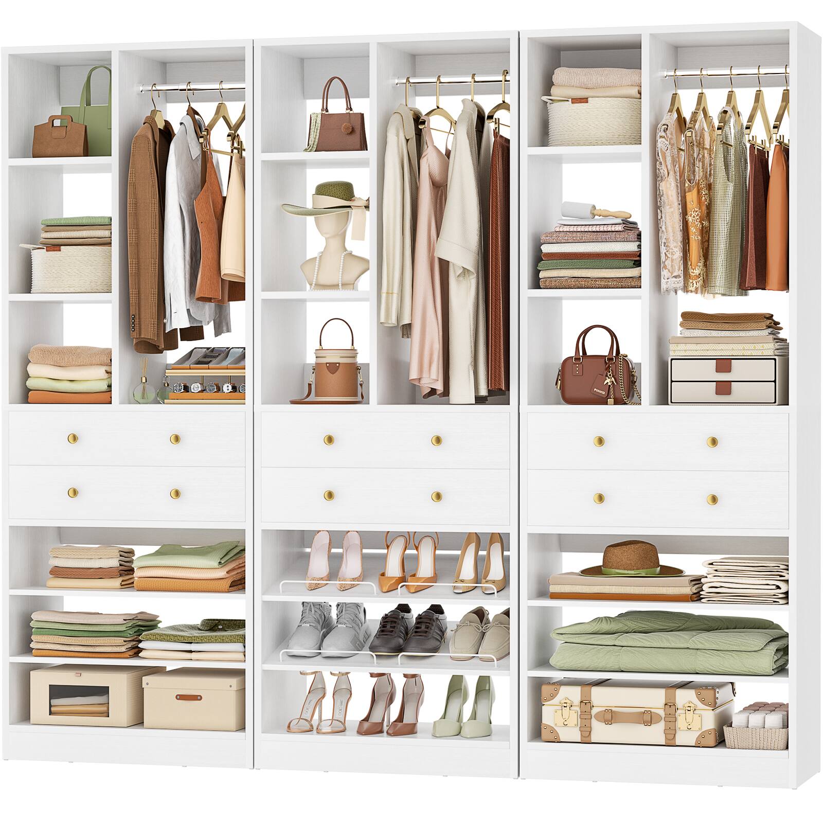 Angle. Aheaplus - 84" Free-Standing Closet Organizer with Drawers & Shelves, 1800LBS Load, 3-Pack Tower System - White.