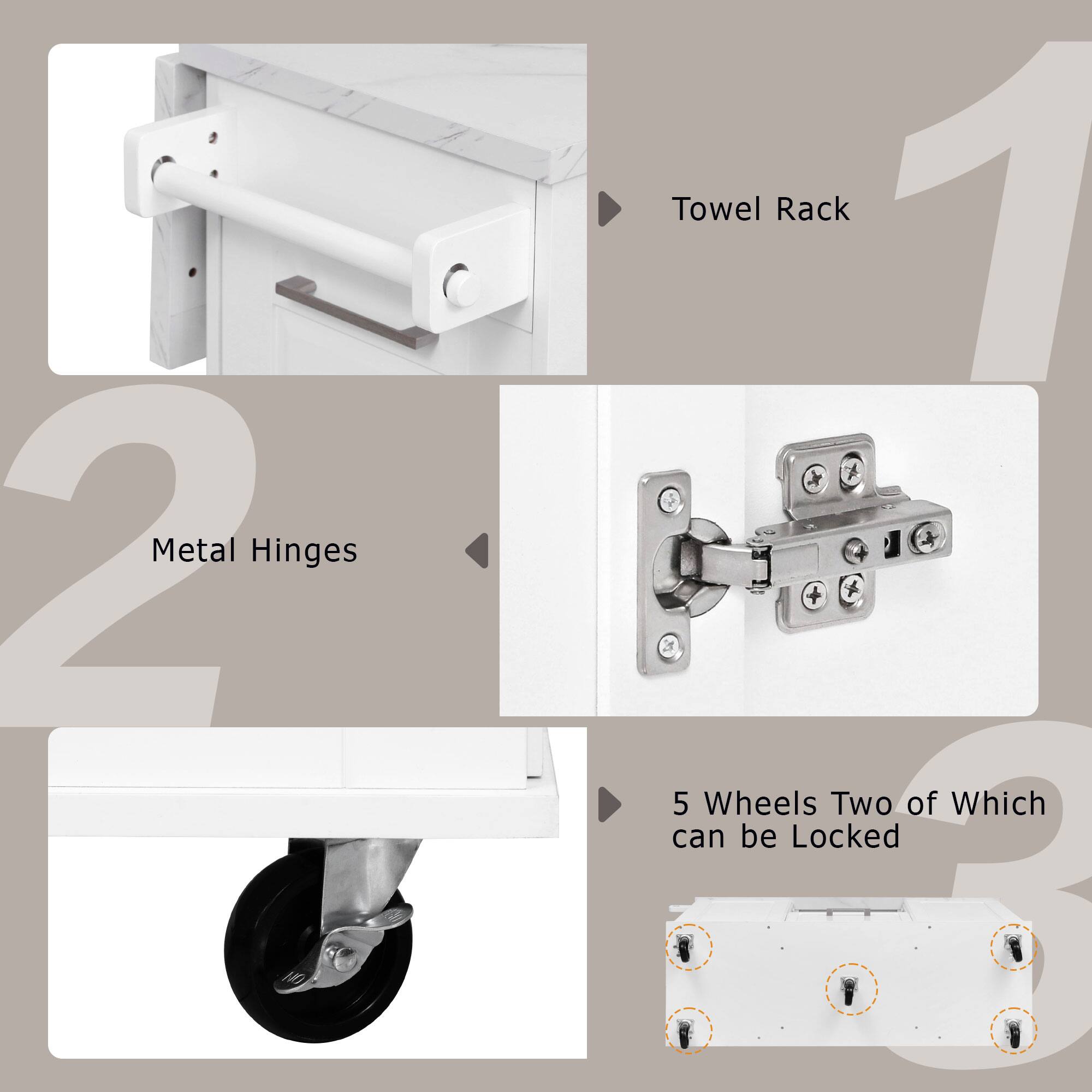 1. Towel Rack

2. Metal Hinges

3. 5 Wheels Two of Which can be Locked