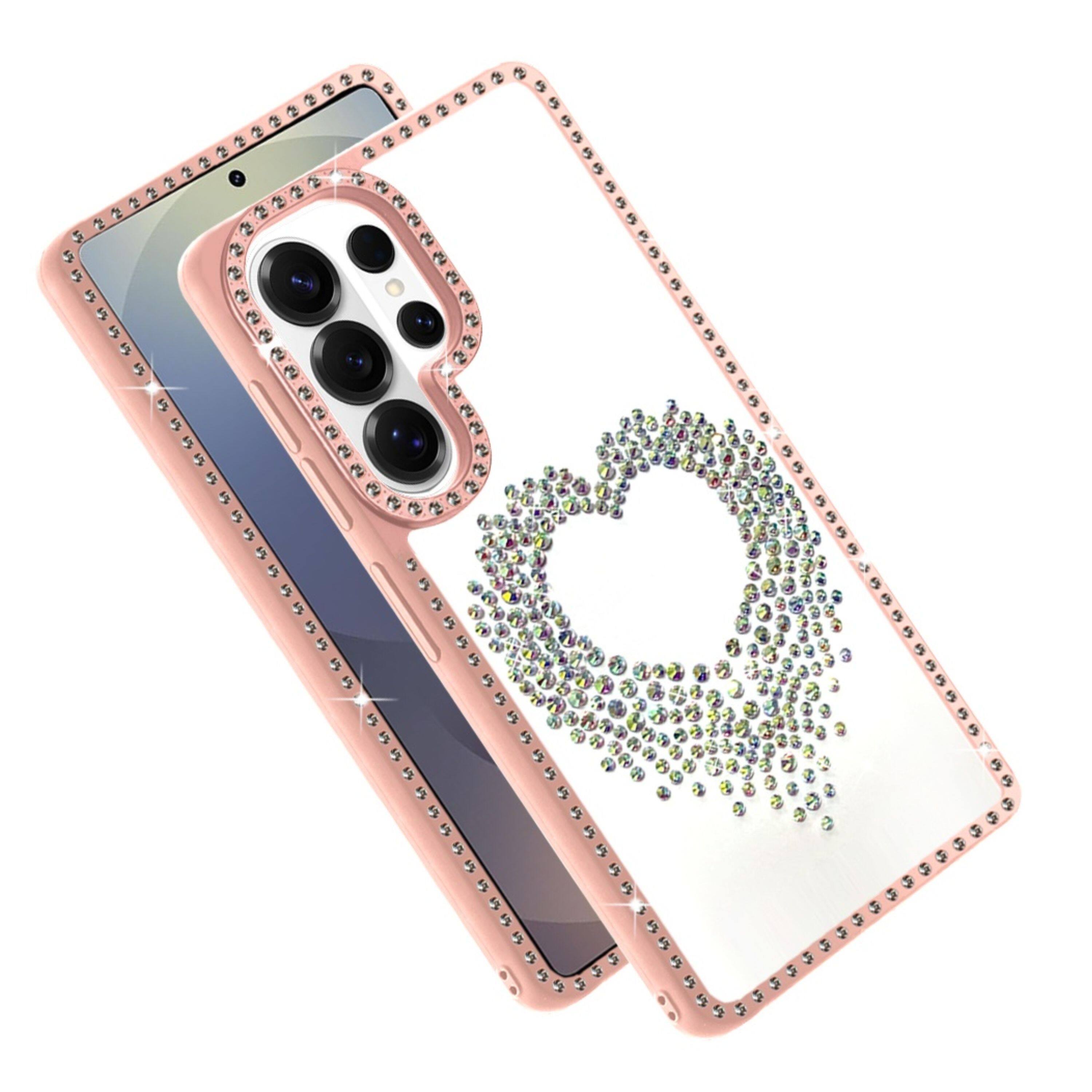 Angle. Kitcheniva - Heart Shaped Crystals Design Phone Case With Tempered Glass For Samsung S26 Ultra Pink - Pink.
