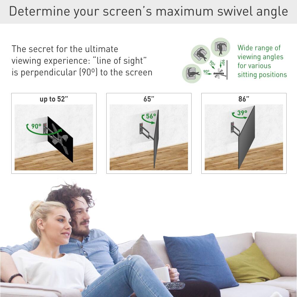 Determine your screen's maximum swivel angle

The secret for the ultimate viewing experience: "line of sight" is perpendicular (90°) to the screen

Wide range of viewing angles for various sitting positions

- up to 52": 90°
- 65": 56°
- 86": 39°