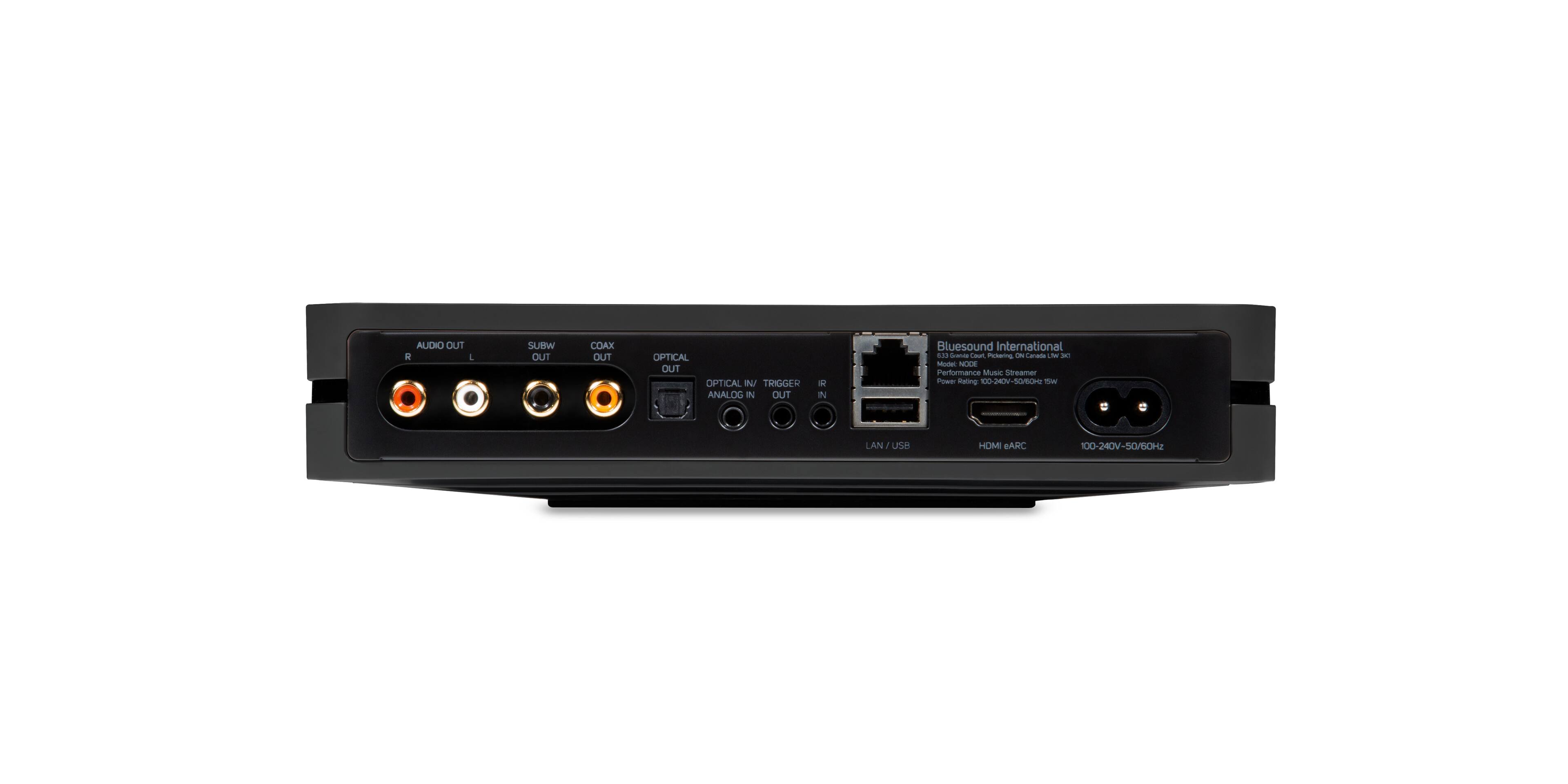 The image shows a black electronic device with several ports on the back. The ports include an analog in, an analog out, a coax out, an optical out, a trigger, and a USB host. The device is made by Bluesound International, and it is designed for high-performance streaming and multi-room audio. The back of the device also features a power switch and a power indicator, allowing users to easily control and monitor the device's power status.