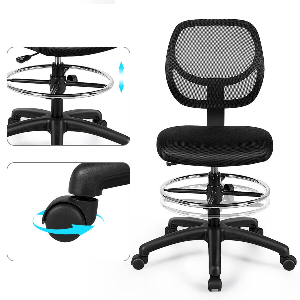 Alt View 9. Gymax - Gymax 2PCS Mesh Drafting Chair Mid Back Office Chair Adjustable Height w/Footrest Black - Black.
