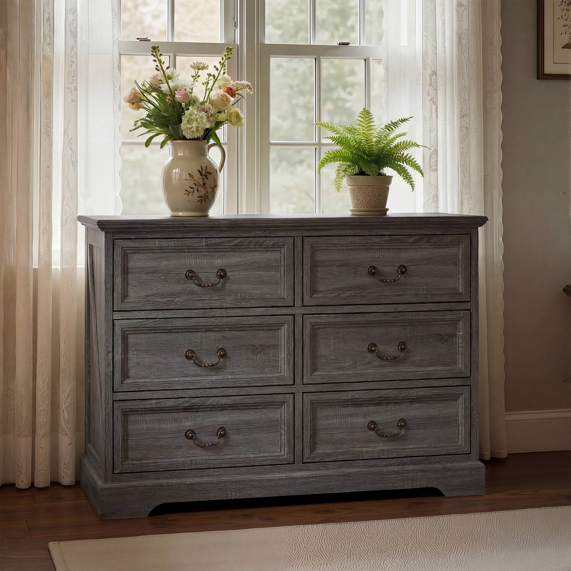 Alt View 1. FUFU & GAGA - Vintage 6-Drawer Dresser - Farmhouse Style Storage Chest with Bronze Hardware for Bedroom, Living Room, Entryway - Distressed gray.
