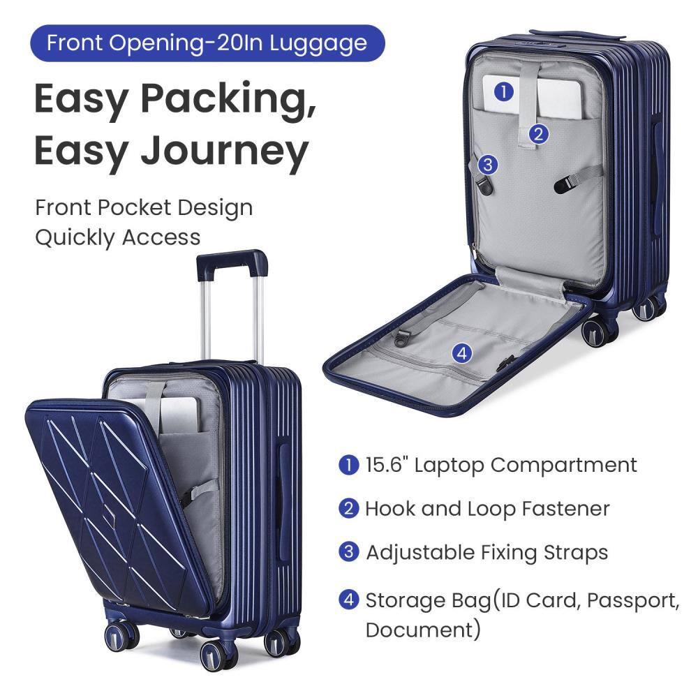 Front Opening-20In Luggage

Easy Packing, Easy Journey

Front Pocket Design
Quickly Access

1. 15.6" Laptop Compartment
2. Hook and Loop Fastener
3. Adjustable Fixing Straps
4. Storage Bag (ID Card, Passport, Document)