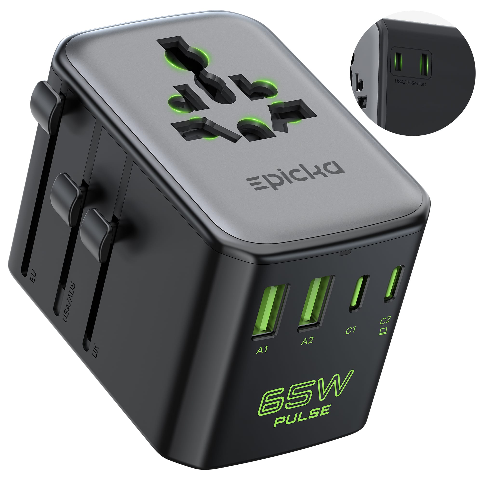 Epicka - Pulse 65W Duo Universal Travel Adapter, International Power Adapter with PD & QC 3.0 Fast Charging - Black