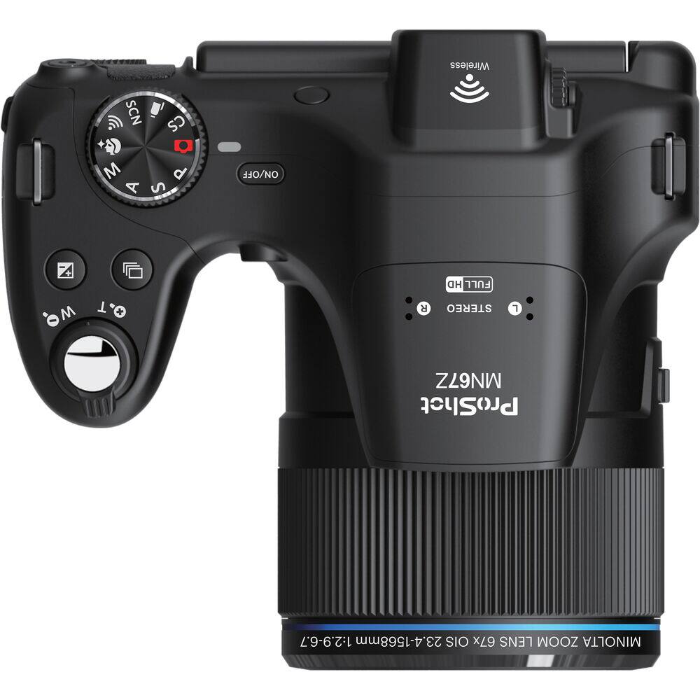 MINOLTA  
ProShot  
MINOLTA  

Wireless  
SCN  
CS  
M  
A  
S  
P  
ON/OFF  

FULL HD  
STEREO  

1:2.9-6.7  
23.4-1568mm  
67x LENS ZOOM  
OIS  

MINOLTA  
MINOLTA  
25-169mm  
1:2.9-6.7  
MINOLTA ZOOM LENS  
X9/10 ISO  
25-169mm