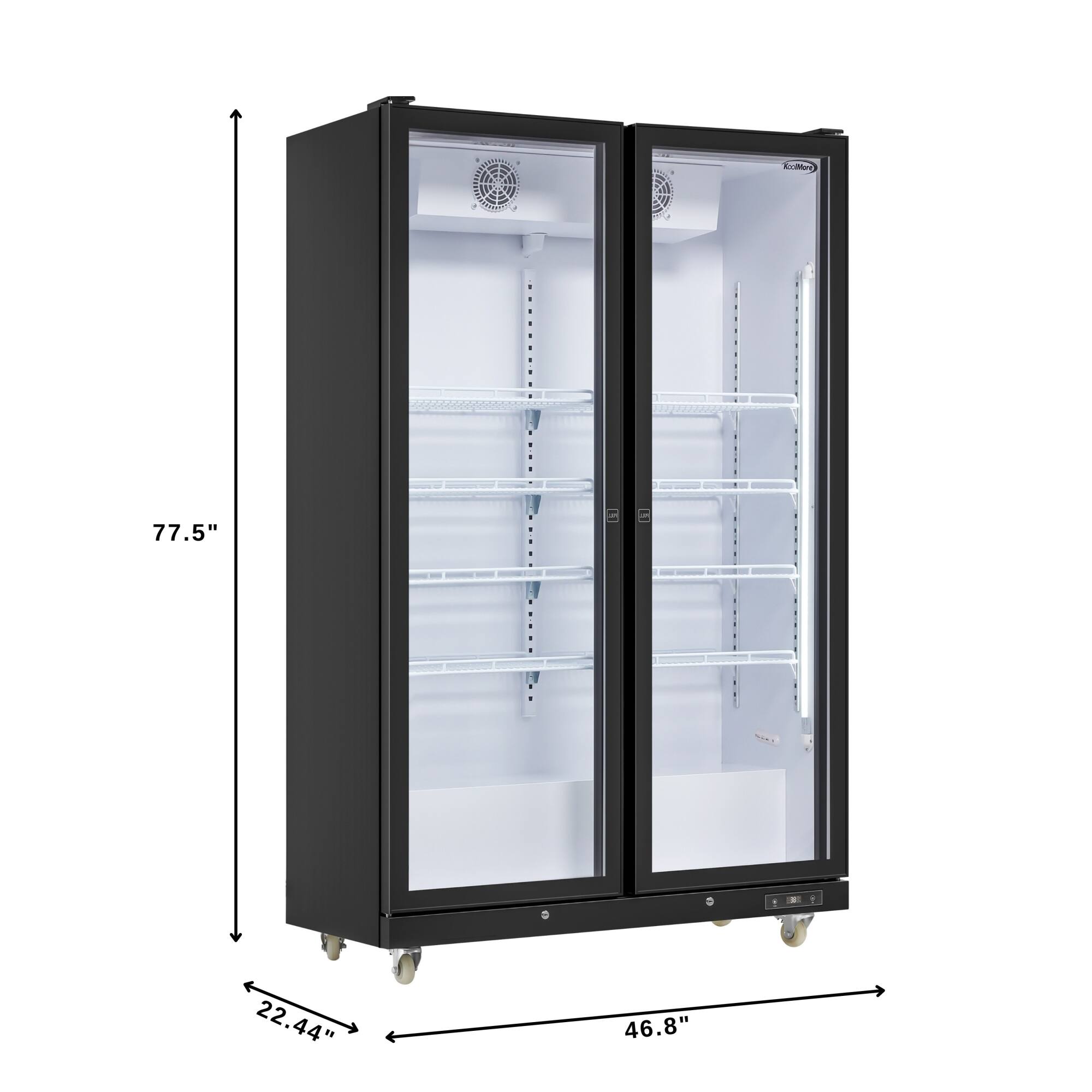The image shows a black refrigerator with a white interior. The refrigerator is 77.5 inches tall, 22.44 inches wide, and 46.8 inches deep.