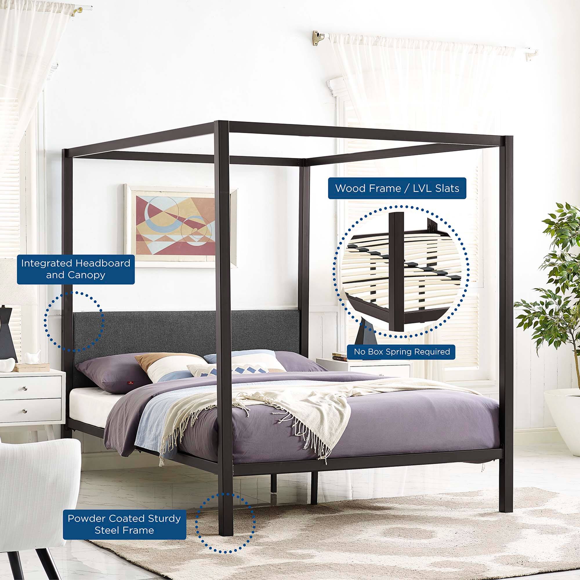 - Wood Frame / LVL Slats
- Integrated Headboard and Canopy
- No Box Spring Required
- Powder Coated Sturdy Steel Frame