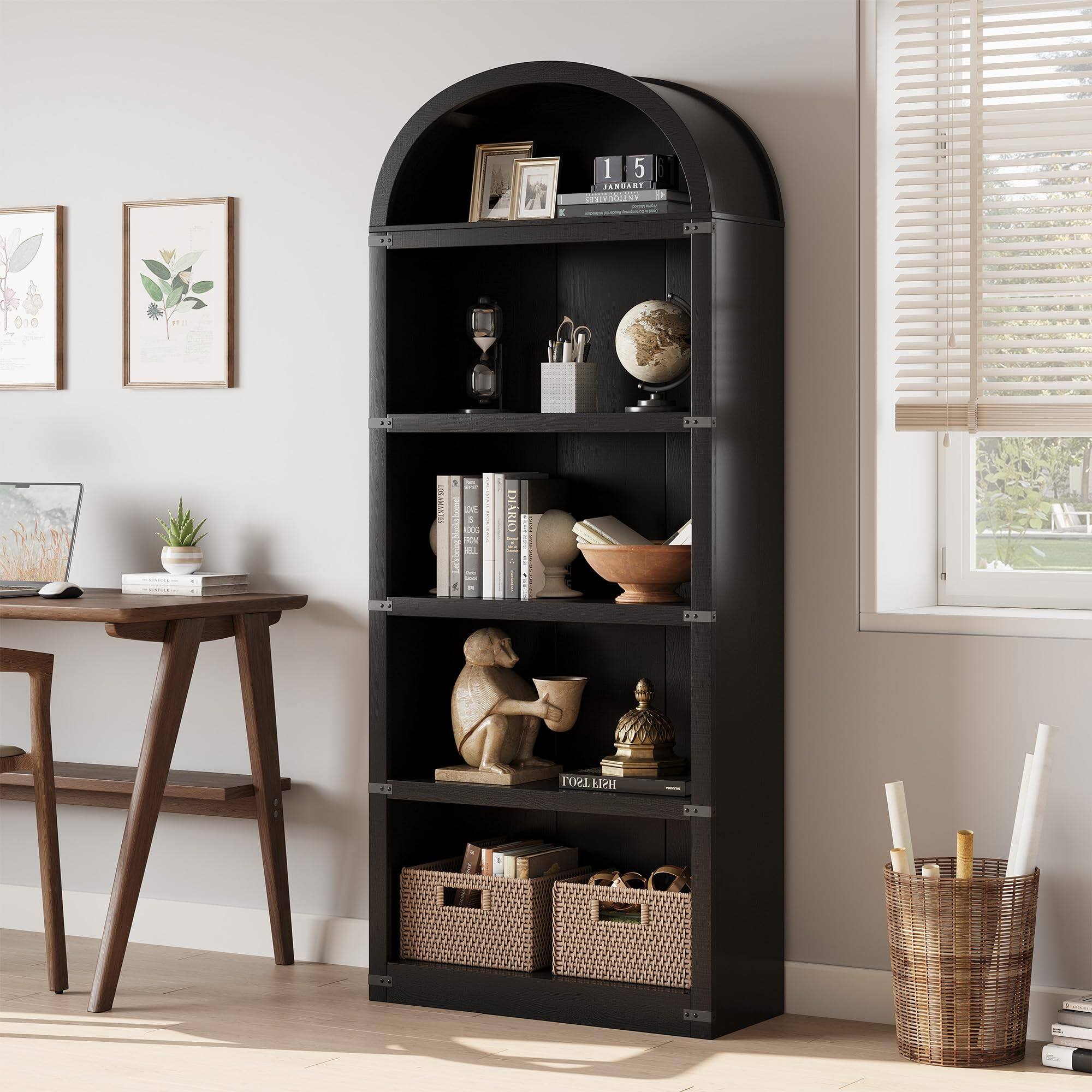 Acekool - Bookcase 5 Shelf Arched Bookshelf 71.65in Tall Bookcase Farmhouse Display Storage Rack Wooden Bookshelve for Home Office - Black
