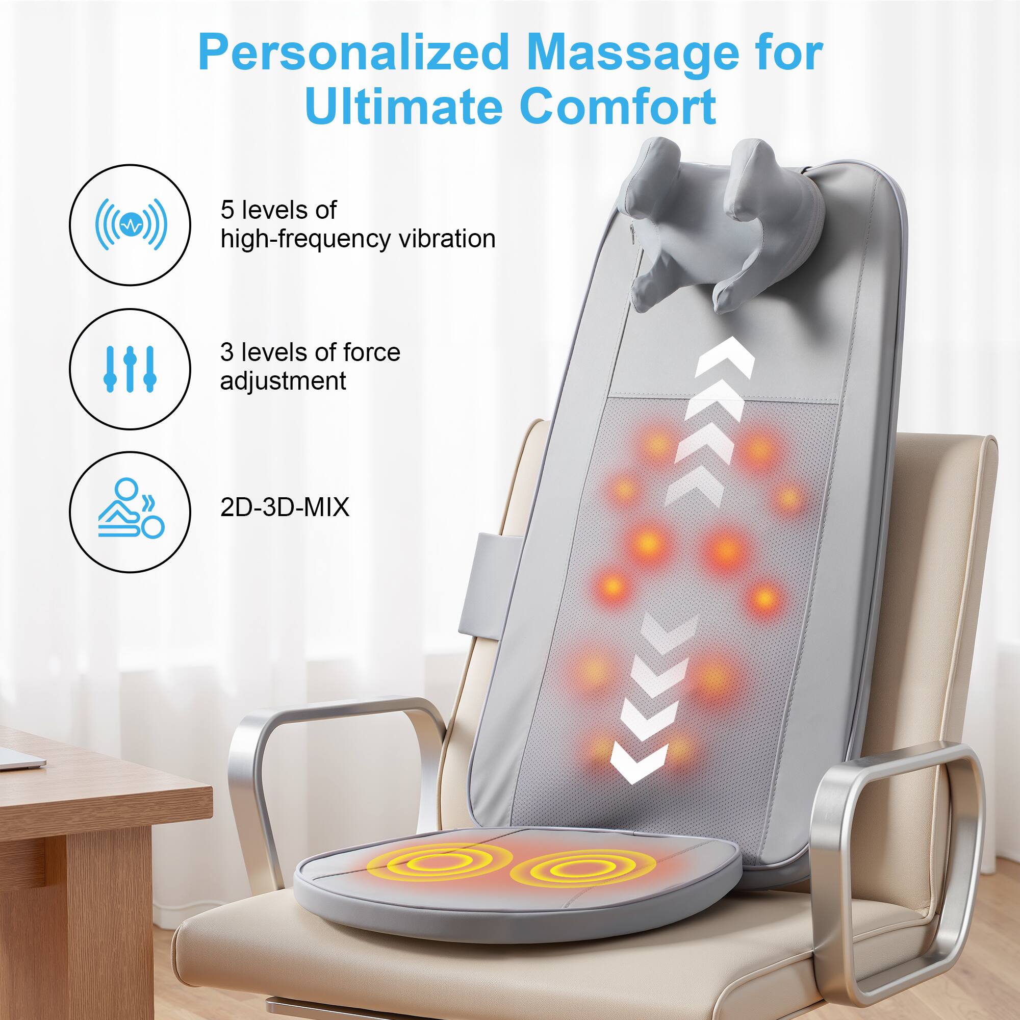Personalized Massage for Ultimate Comfort

- 5 levels of high-frequency vibration
- 3 levels of force adjustment
- 2D-3D-MIX