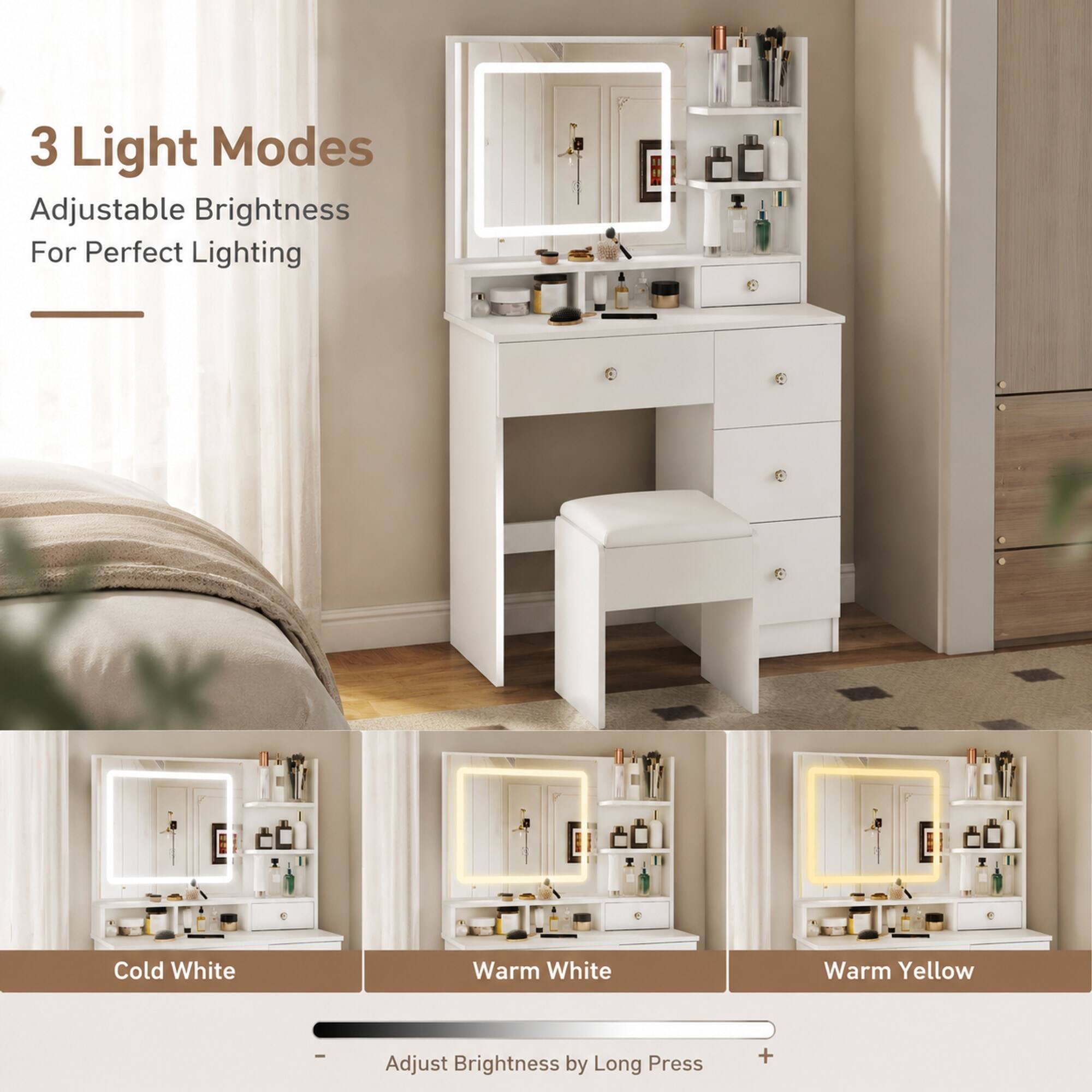 3 Light Modes Adjustable Brightness For Perfect Lighting

Cold White
Warm White
Warm Yellow

Adjust Brightness by Long Press