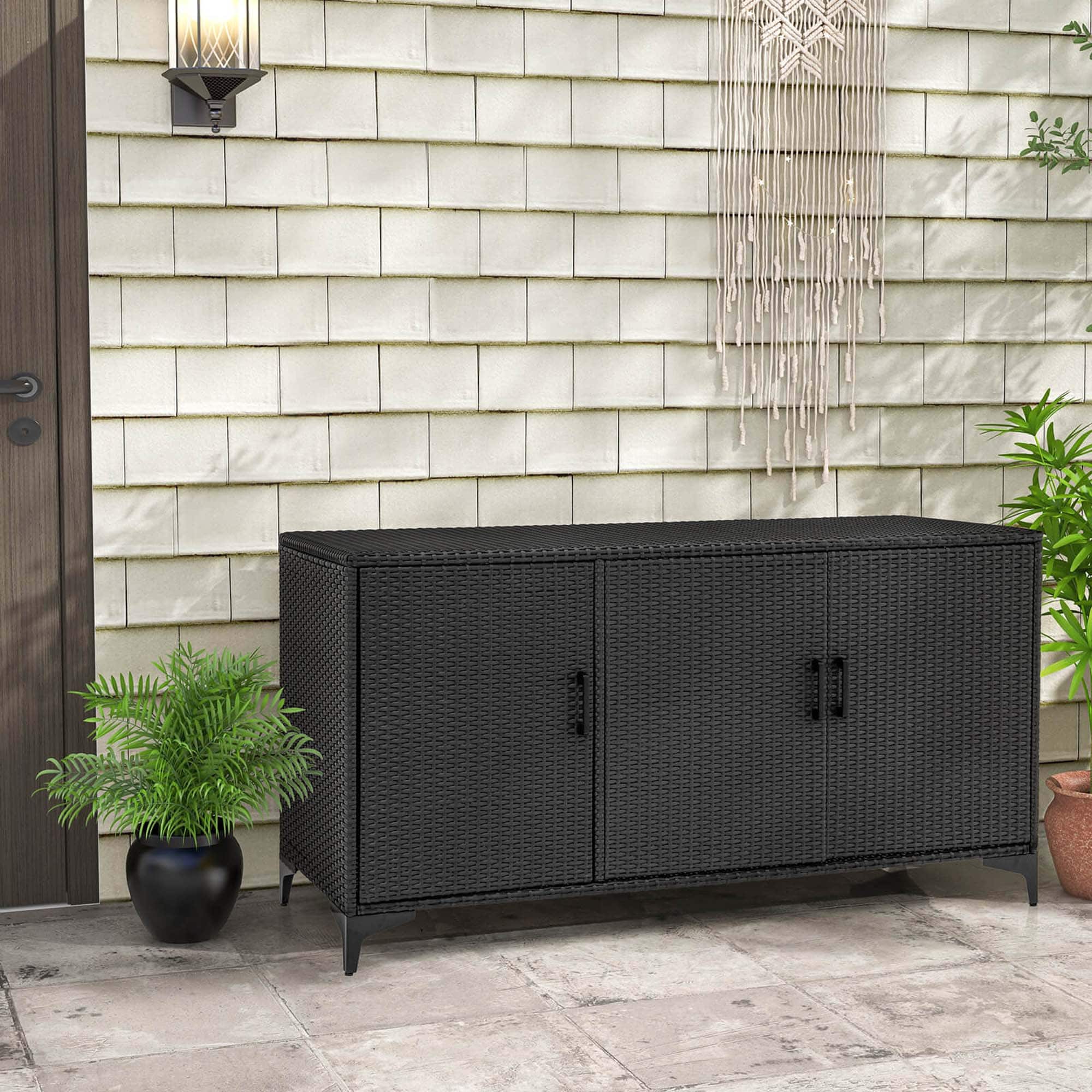 Back. Costway - 84 Gallon 3-Door Patio Wicker Storage Cabinet Deck Box with Removable Shelves - Black.