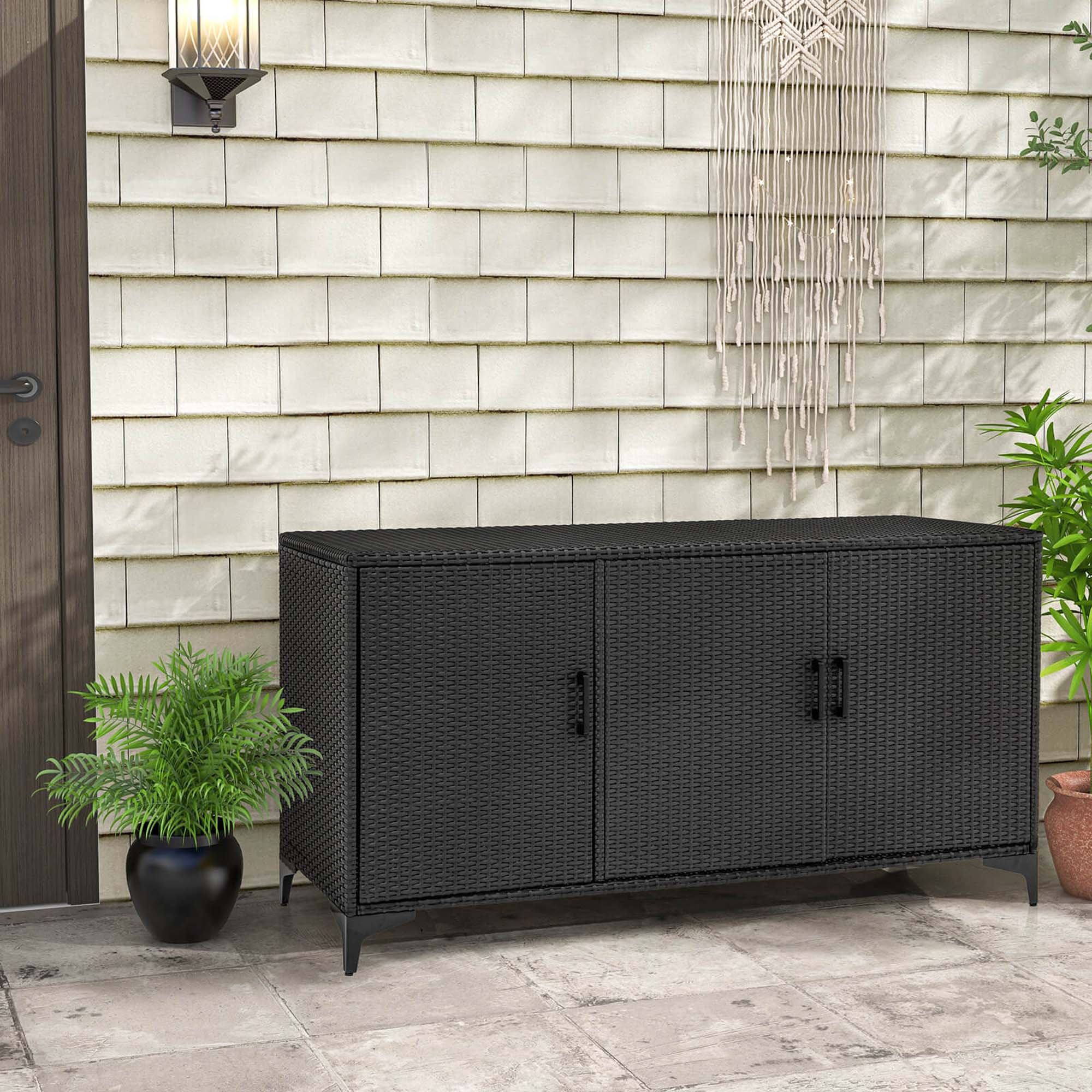 Back. Costway - 84 Gallon 3-Door Patio Wicker Storage Cabinet Deck Box with Removable Shelves - Black.