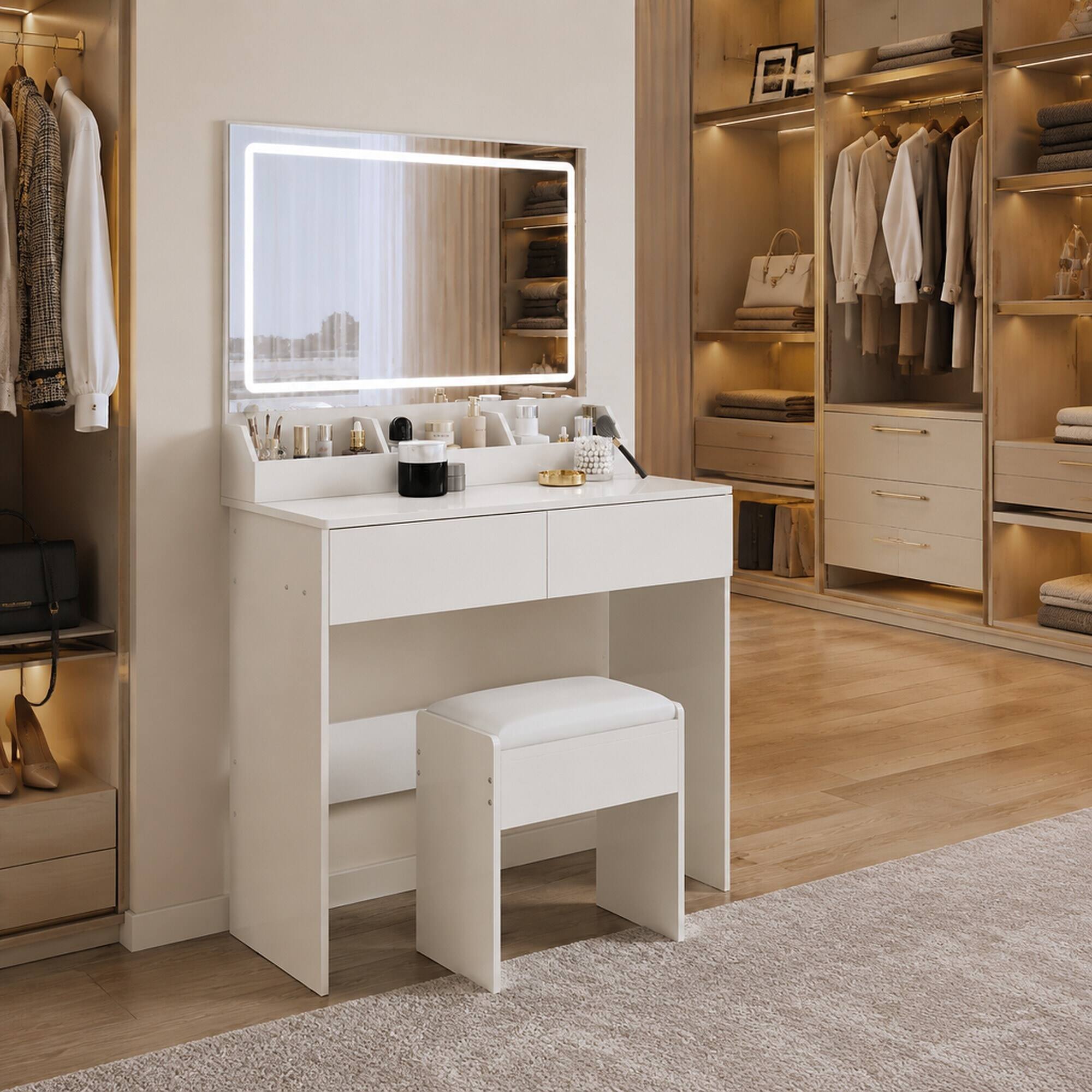 Left. RYHNUYNE - 31 x 20 in Extra Large LED Mirror Vanity Table Set, Touch Switch, 3 Color Lights, Cushioned Stool, Compact Storage - White.