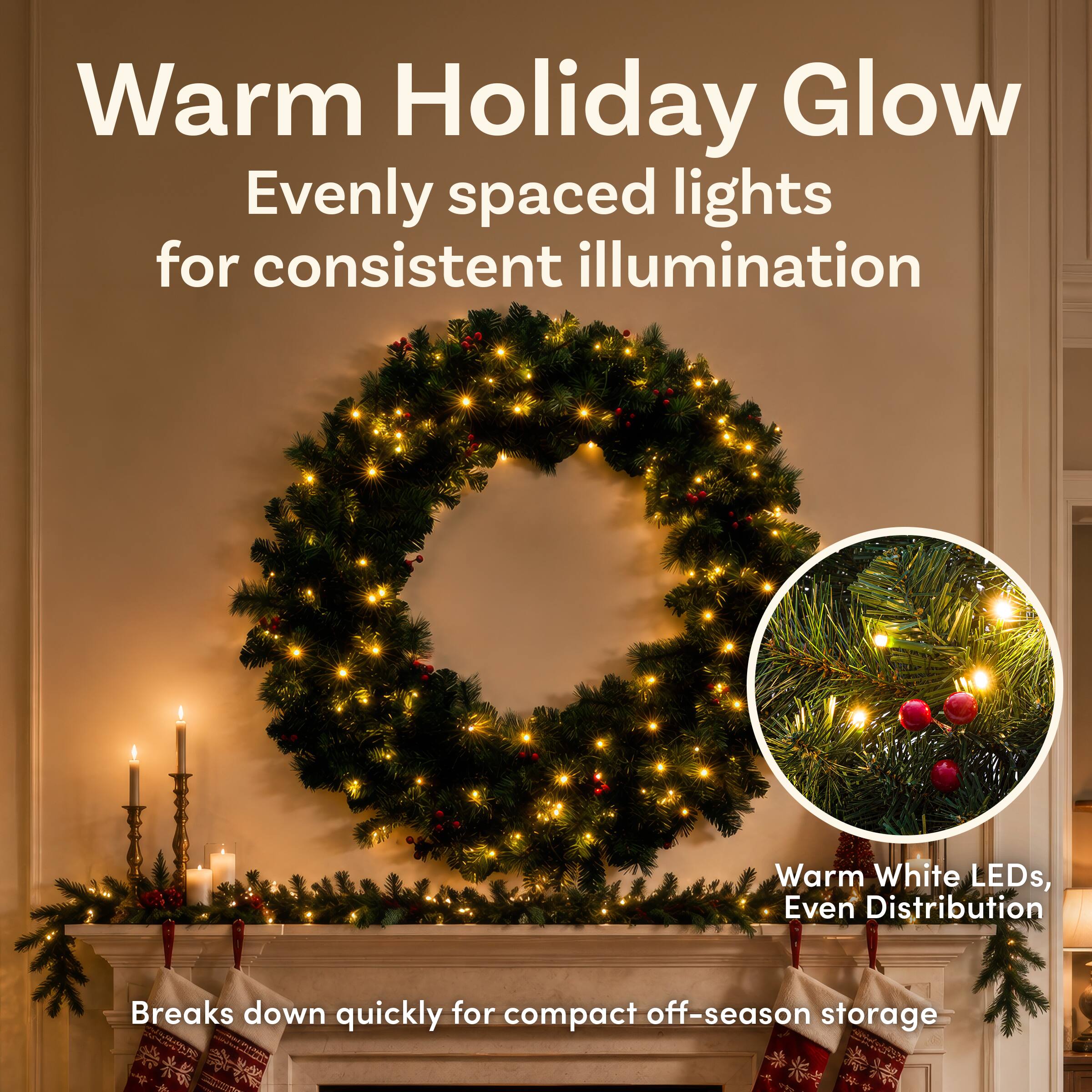 Warm Holiday Glow  
Evenly spaced lights for consistent illumination  

Warm White LEDs, Even Distribution  

Breaks down quickly for compact off-season storage