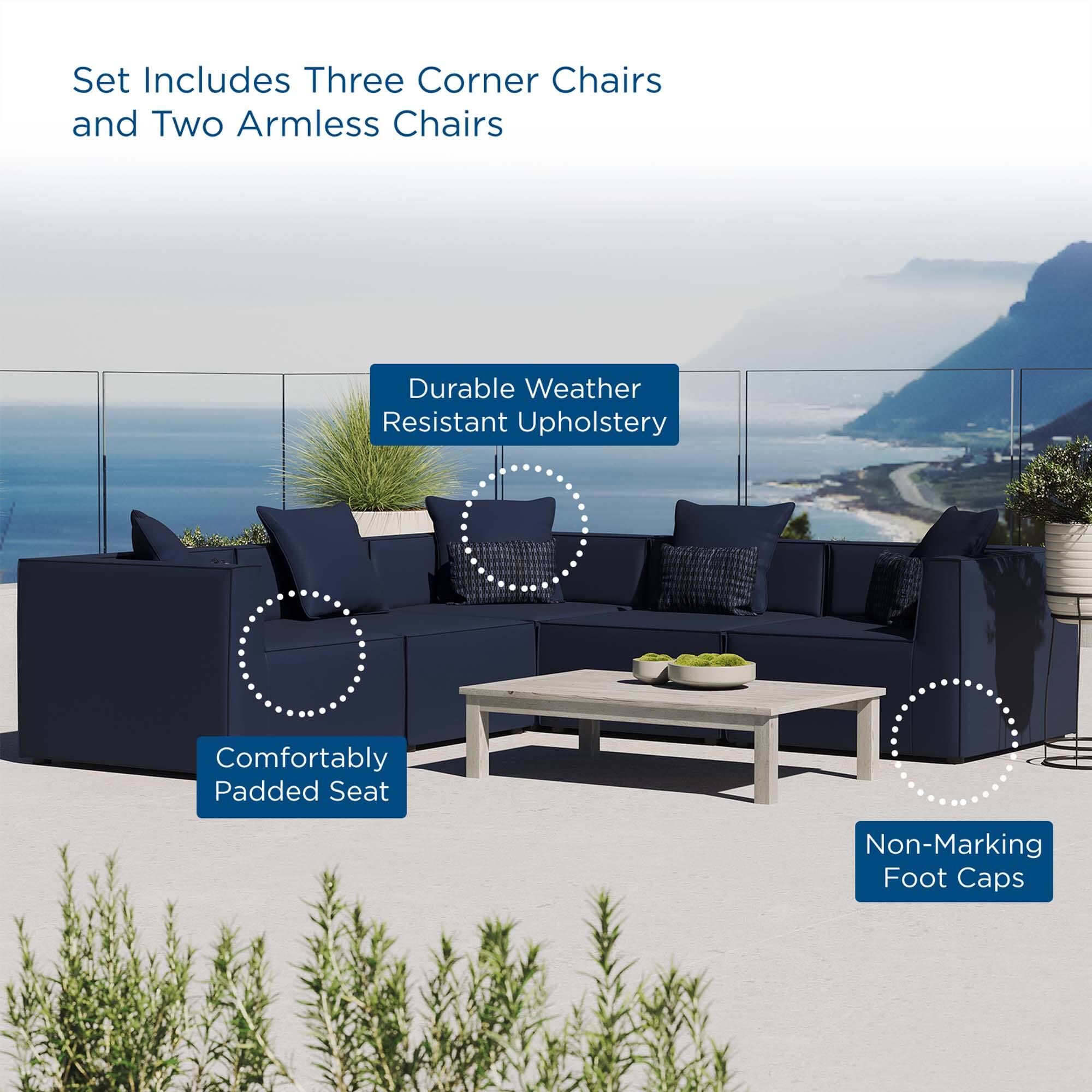Set Includes Three Corner Chairs and Two Armless Chairs  
Durable Weather Resistant Upholstery  
Comfortably Padded Seat  
Non-Marking Foot Caps