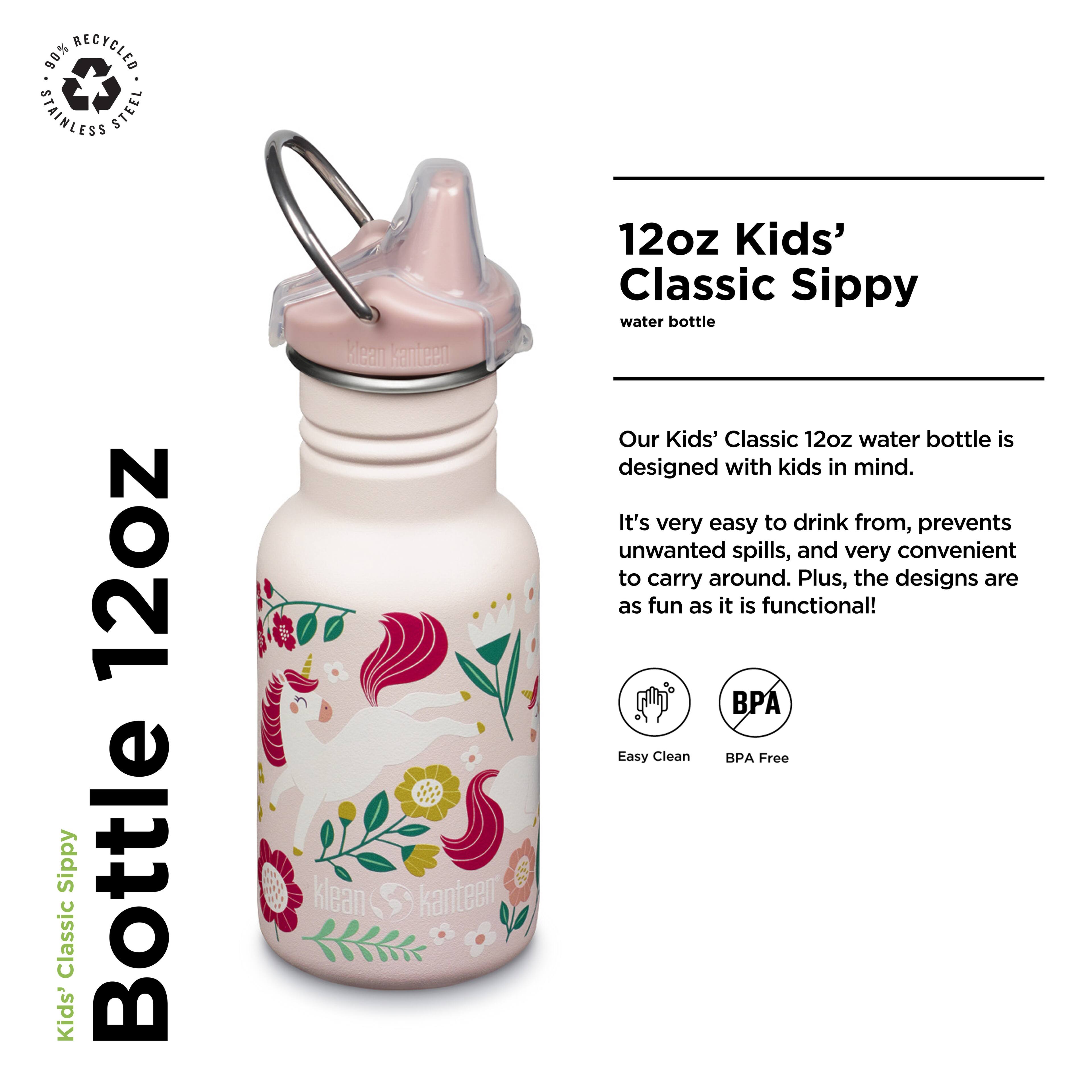 90% RECYCLED STAINLESS STEEL 12oz Sippy Bottle Classic Kids' Klean Kanteen 12oz Kids' Classic Sippy water bottle

Our Kids' Classic 12oz water bottle is designed with kids in mind. It's very easy to drink from, prevents unwanted spills, and very convenient to carry around. Plus, the designs are as fun as it is functional!

Easy Clean BPA Free