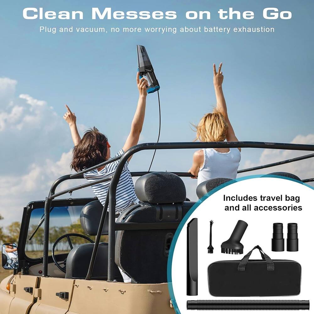 Clean Messes on the Go  
Plug and vacuum, no more worrying about battery exhaustion  

Includes travel bag and all accessories