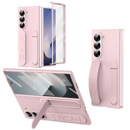 Dteck - Matte Case for Samsung Galaxy Z Fold6 with Wristband Stand, Bulit-in Front Screen Protector, Shockproof Full Body Cover - Pink