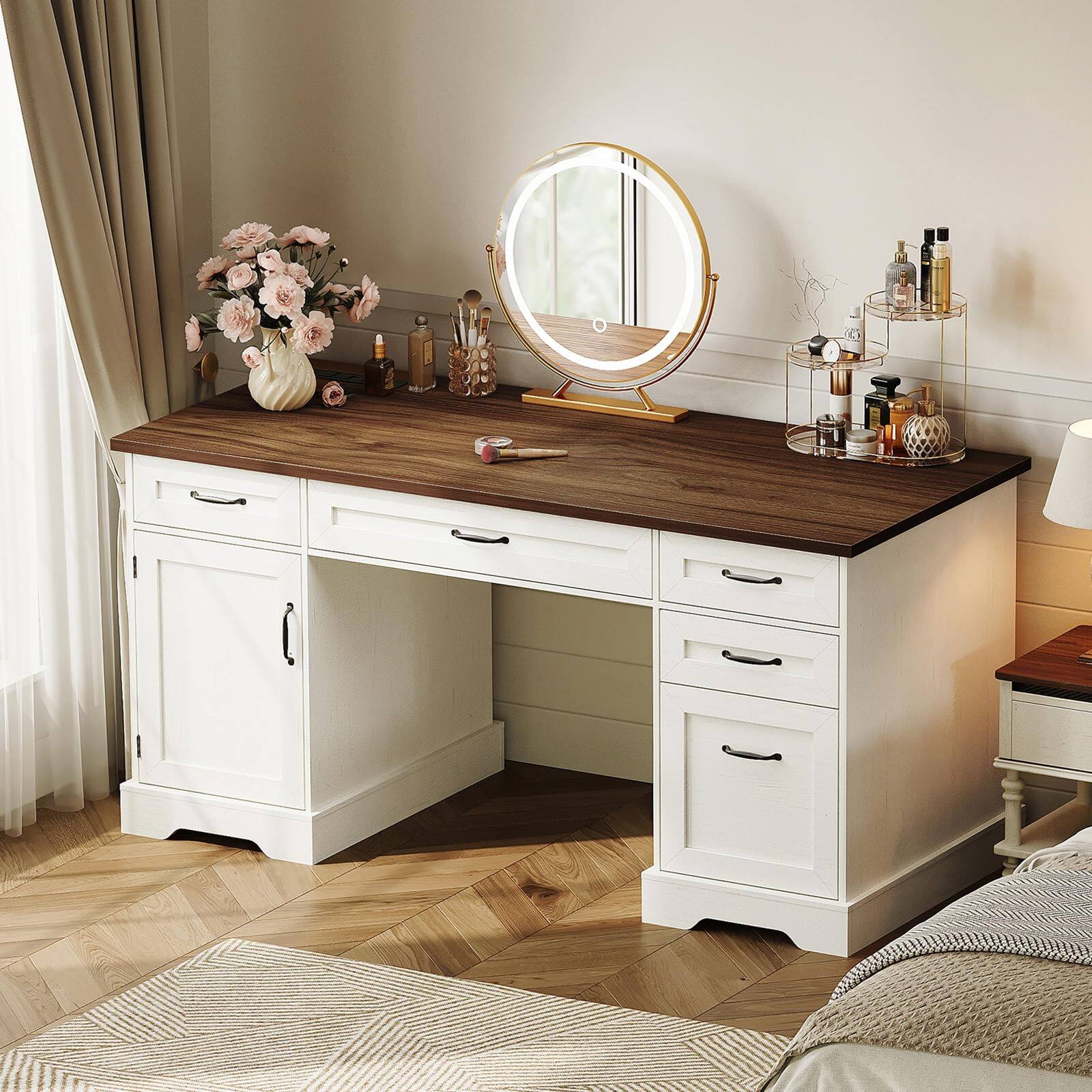 Alt View 2. OffiGo - 59 Inch Farmhouse Desk with Drawers, Executive Computer Desk with Charging Station & File Cabinet Storage - Walnut+white.