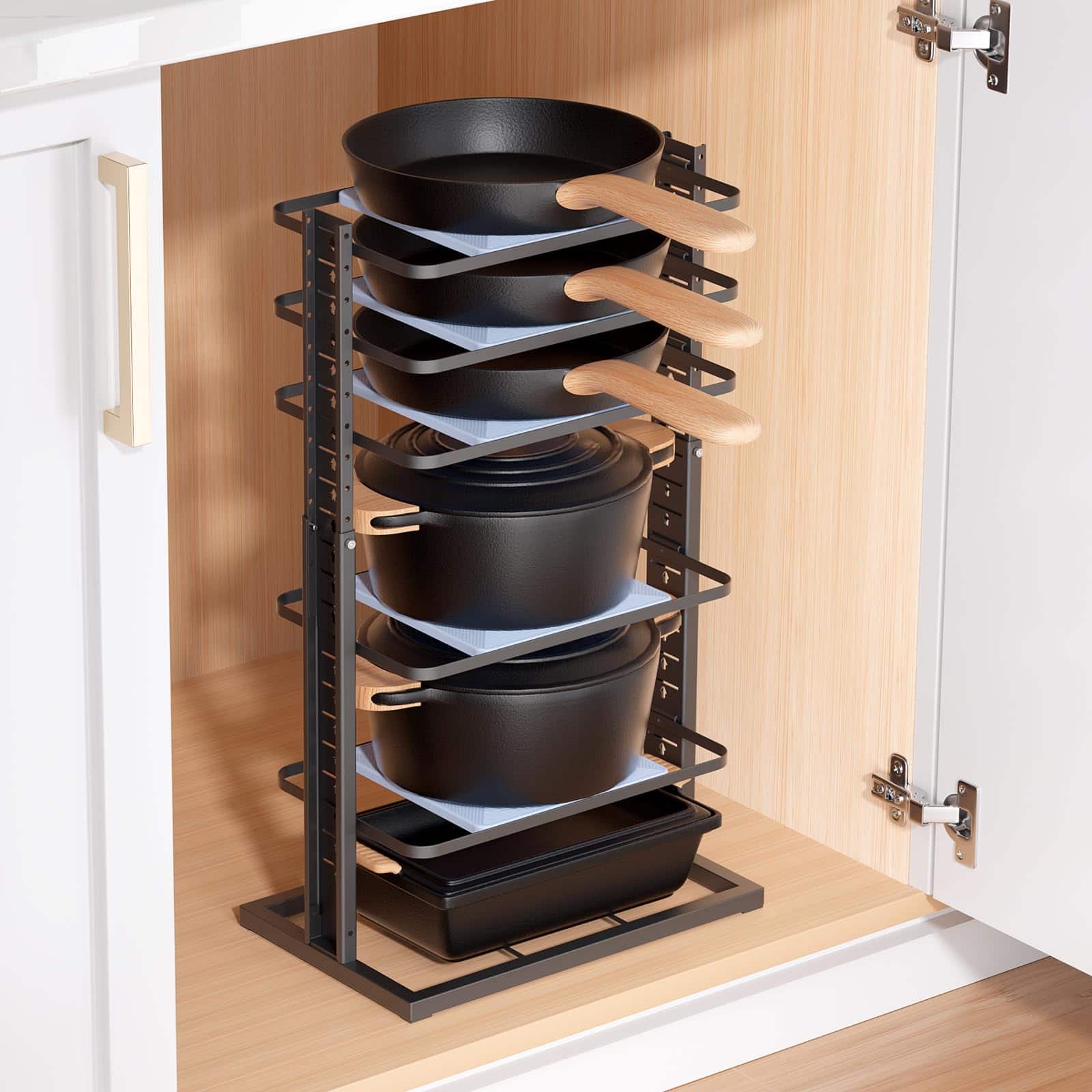 Cedar Assembly - LAMU Pots and Pans Organizer for under Cabinet, 6-Tier Heavy Duty Pan Pot Organizers inside Cabinet Adjusta - Negro
