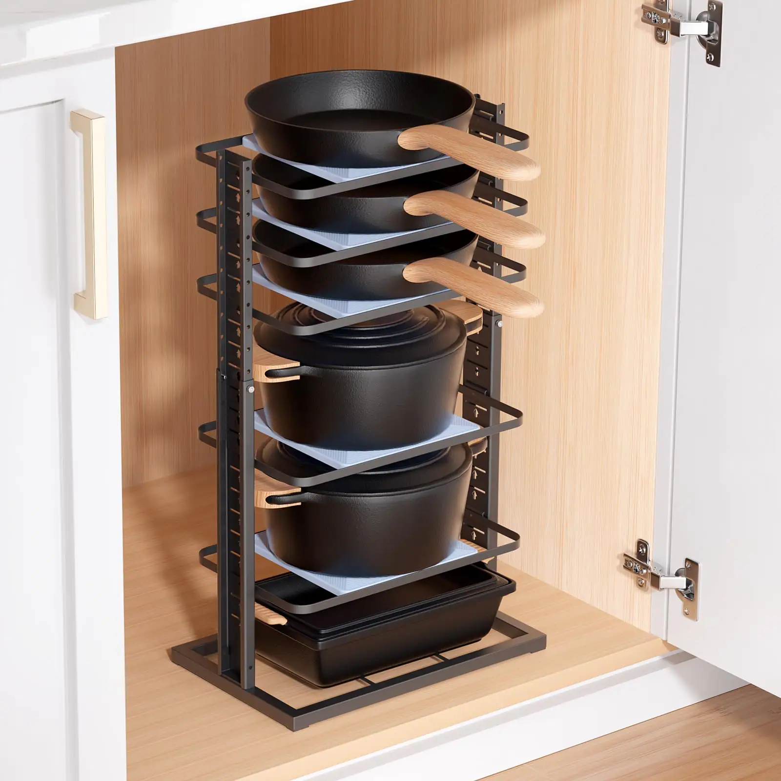 Front. Cedar Assembly - LAMU Pots and Pans Organizer for under Cabinet, 6-Tier Heavy Duty Pan Pot Organizers inside Cabinet Adjusta... - Negro.