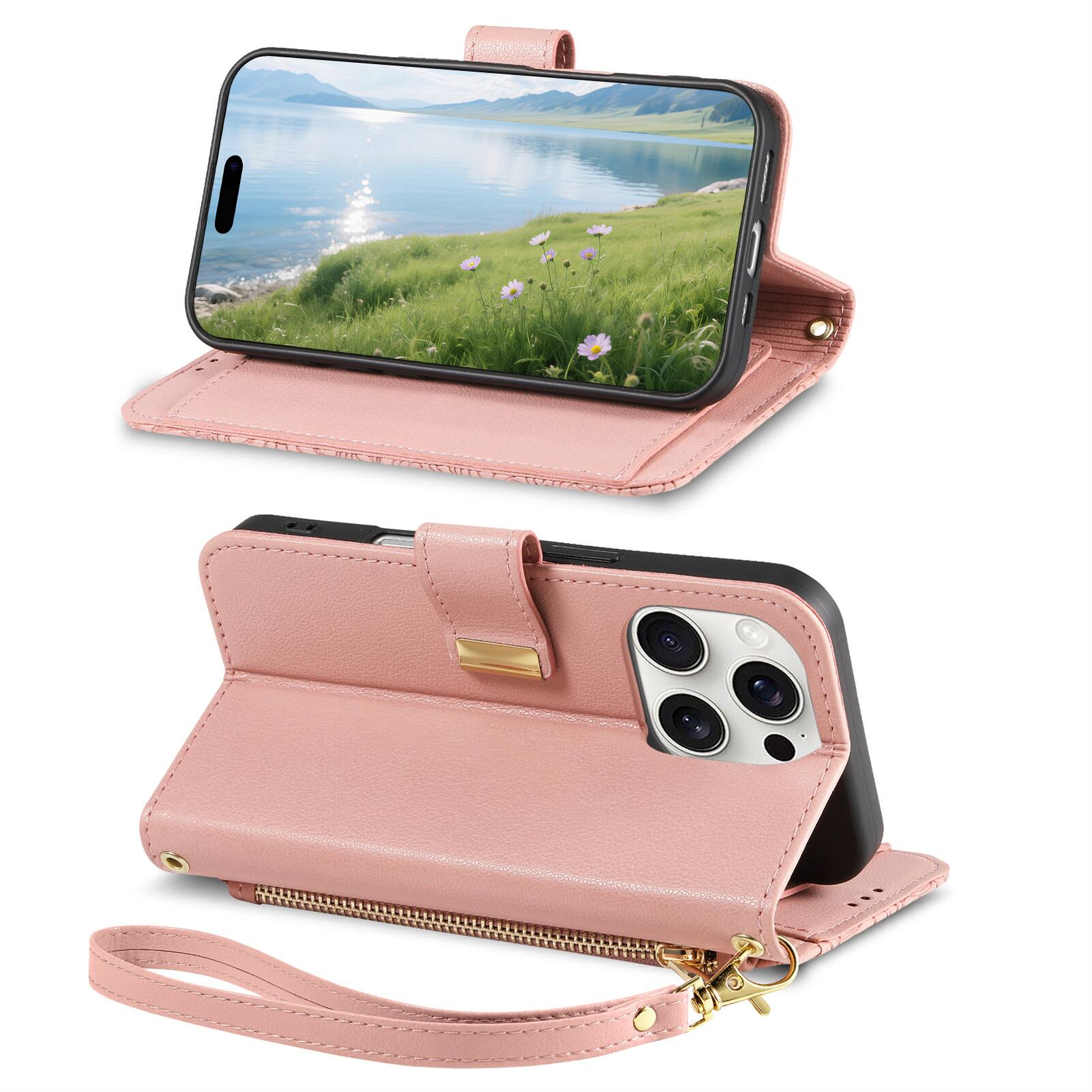 Alt View 9. UUCOVER - Floral PU Leather Wallet Case for iPhone 16 Pro with Zipper Pocket, Card Slots,Shoulder & Wrist Strap, Stand Phone Cover - Rosegold.