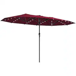Outsunny - 14.8ft Double Umbrella, Large Outdoor Patio Sun Shade with LED Solar Light for Garden - Wine Red